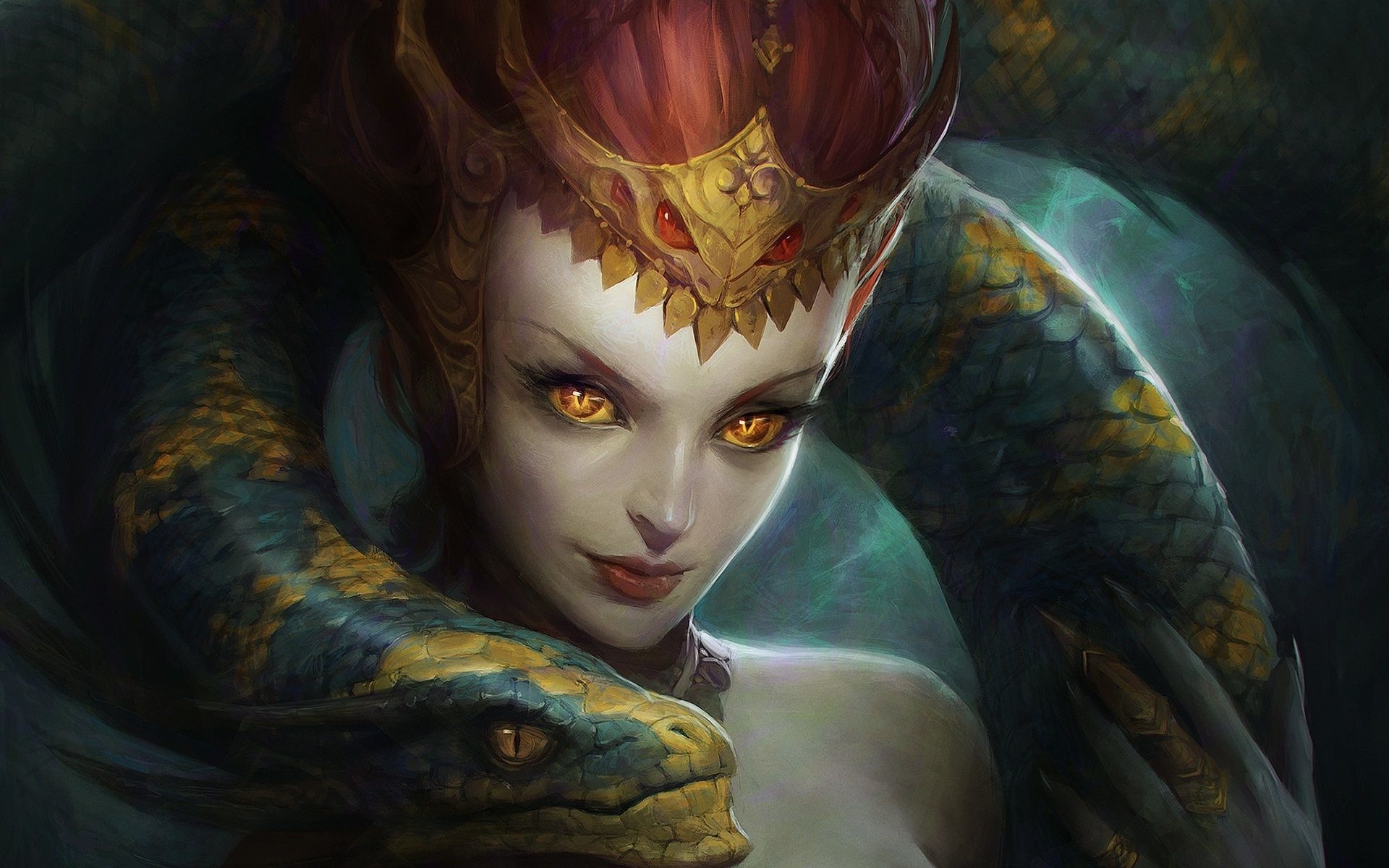 Woman with snake and crown, yellow eyes HD Wallpaper