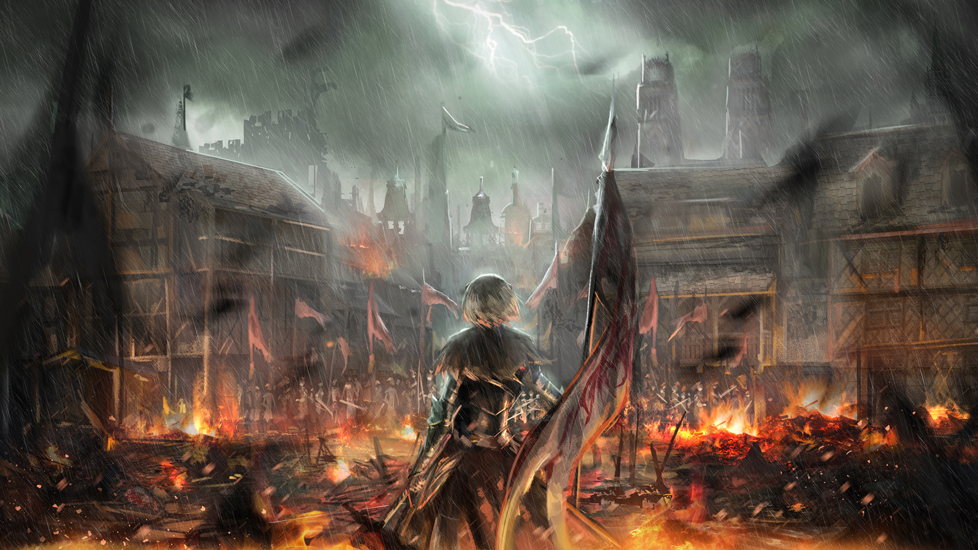 Medieval city burning under a lightning storm HD Wallpaper