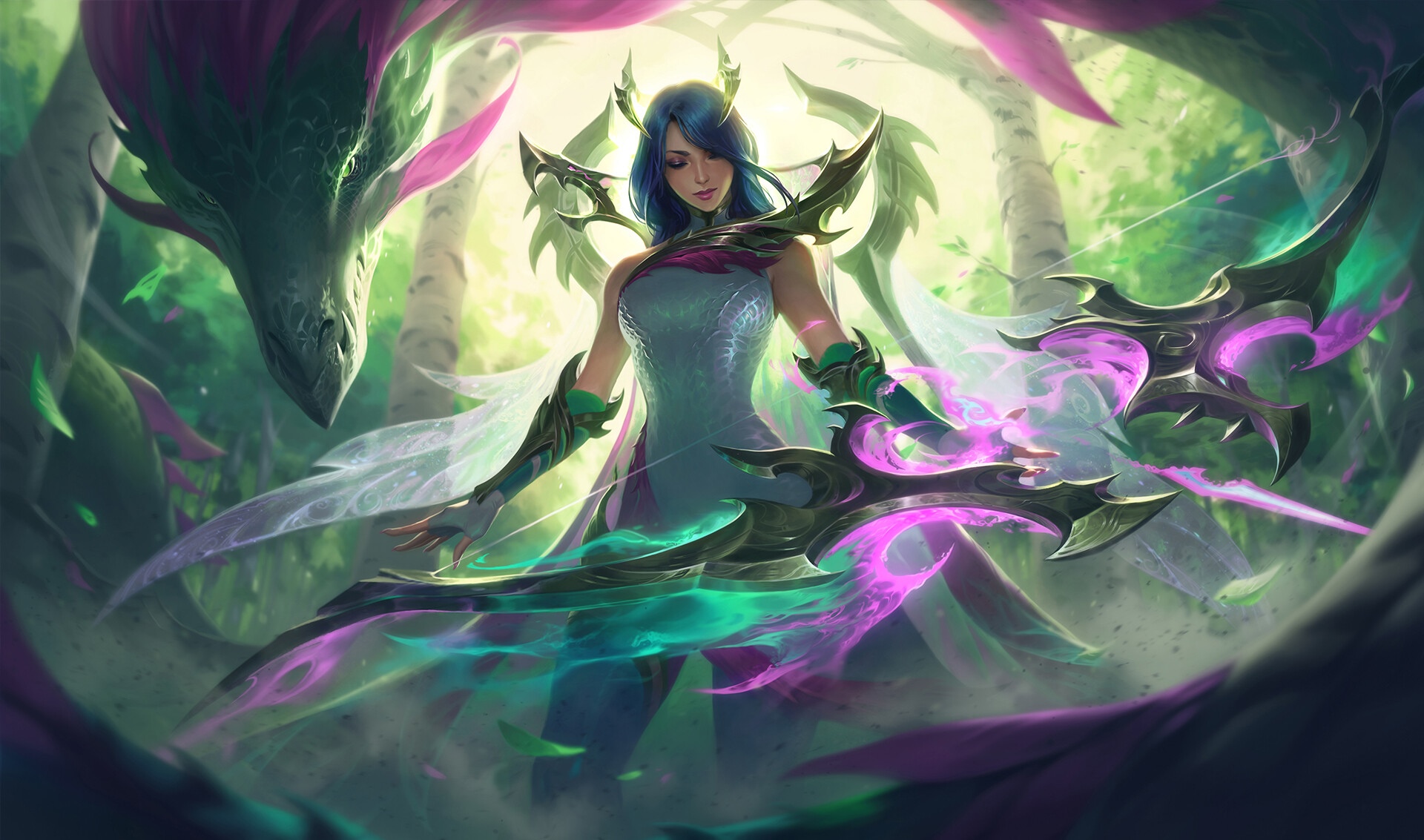 Spirit Blossom Kindred with a Dragon in a Forest HD Wallpaper