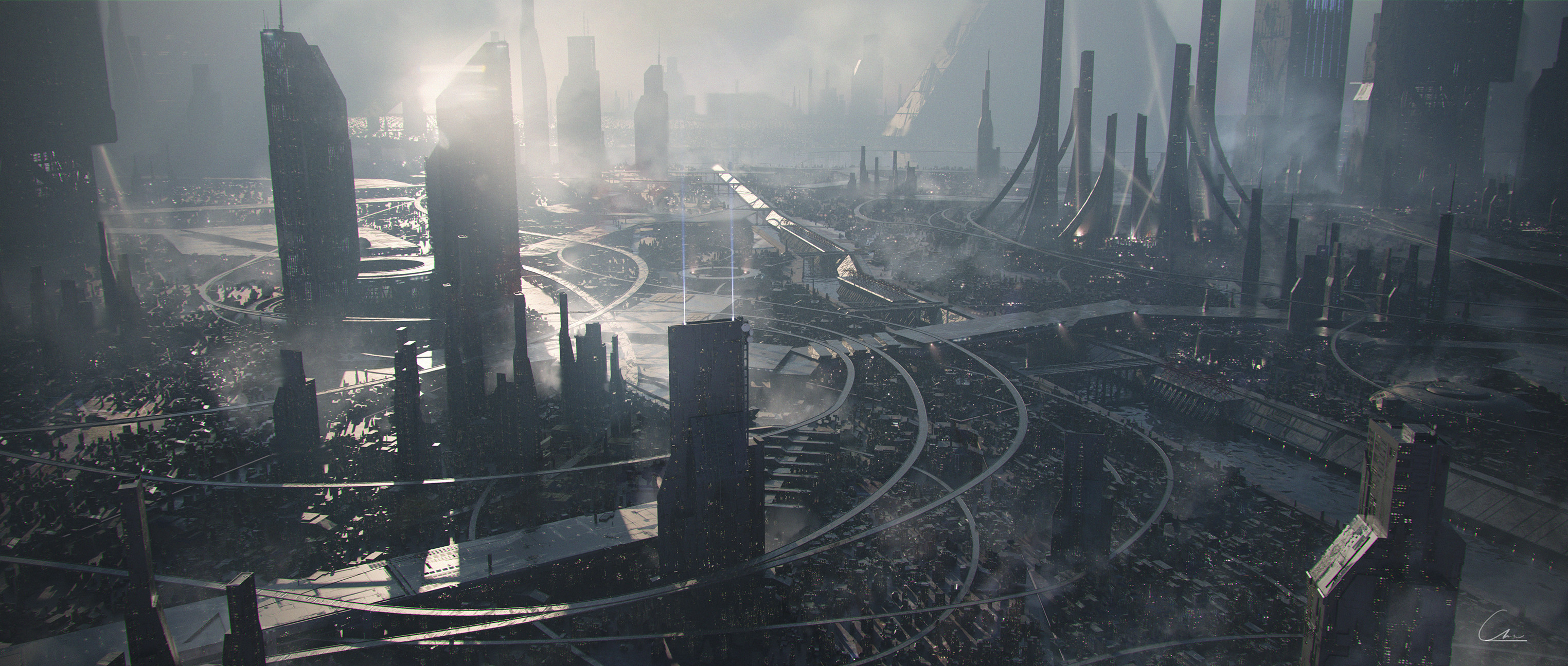 Dystopian city with smog and highways HD Wallpaper