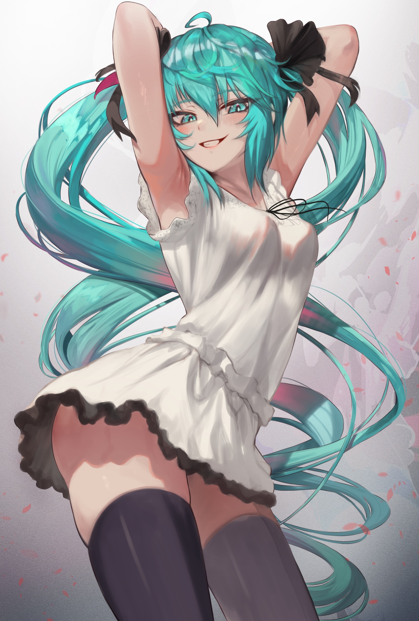 Hatsune Miku in a white dress with thigh-highs HD Phone Wallpaper