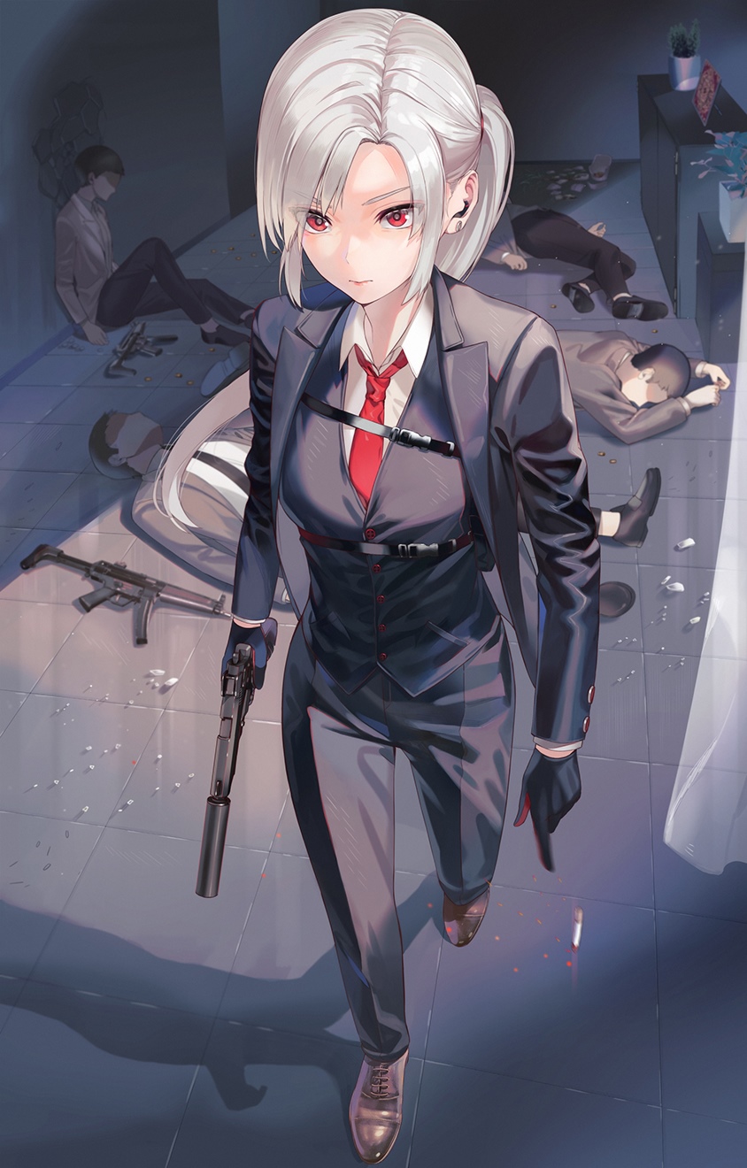Woman in suit with red eyes and silver hair holding a gun HD Phone Wallpaper