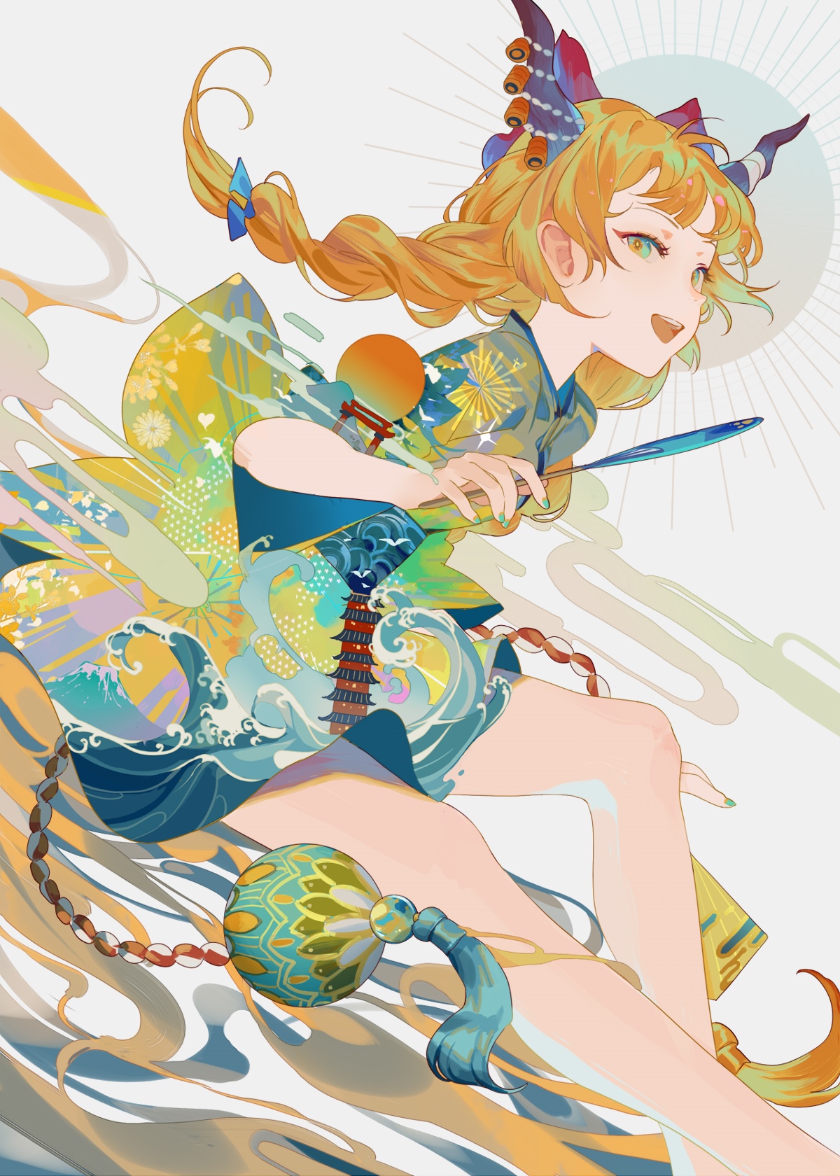 Ibuki Suika in a traditional Japanese outfit with horns HD Phone Wallpaper