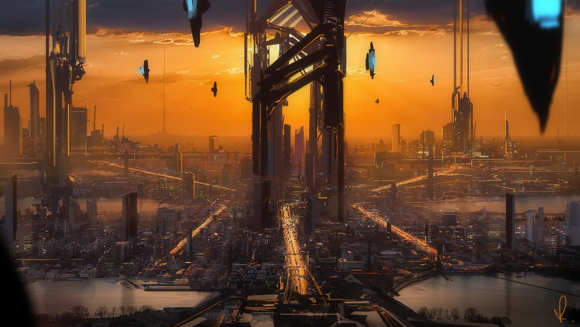 Futuristic city at sunset with skyscrapers and towers HD Wallpaper