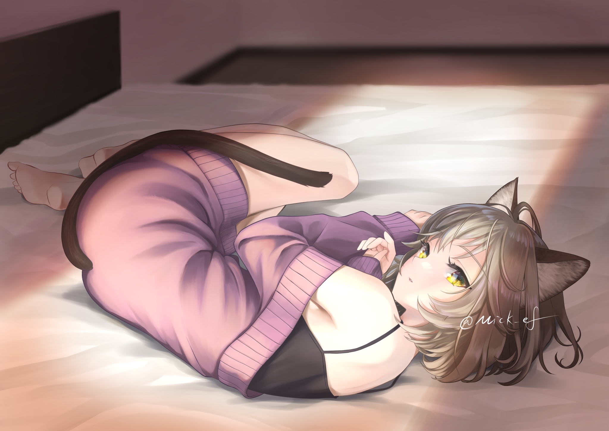 Anime cat girl lying on a bed HD Wallpaper