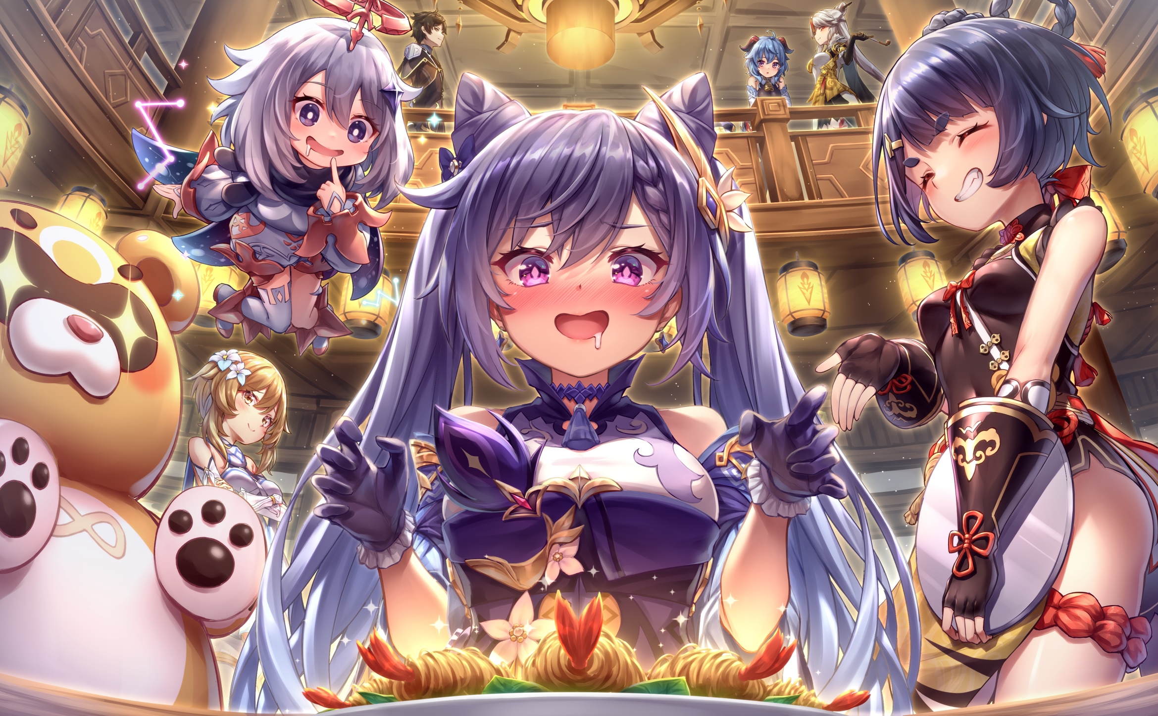 Genshin Impact characters enjoying a meal HD Wallpaper