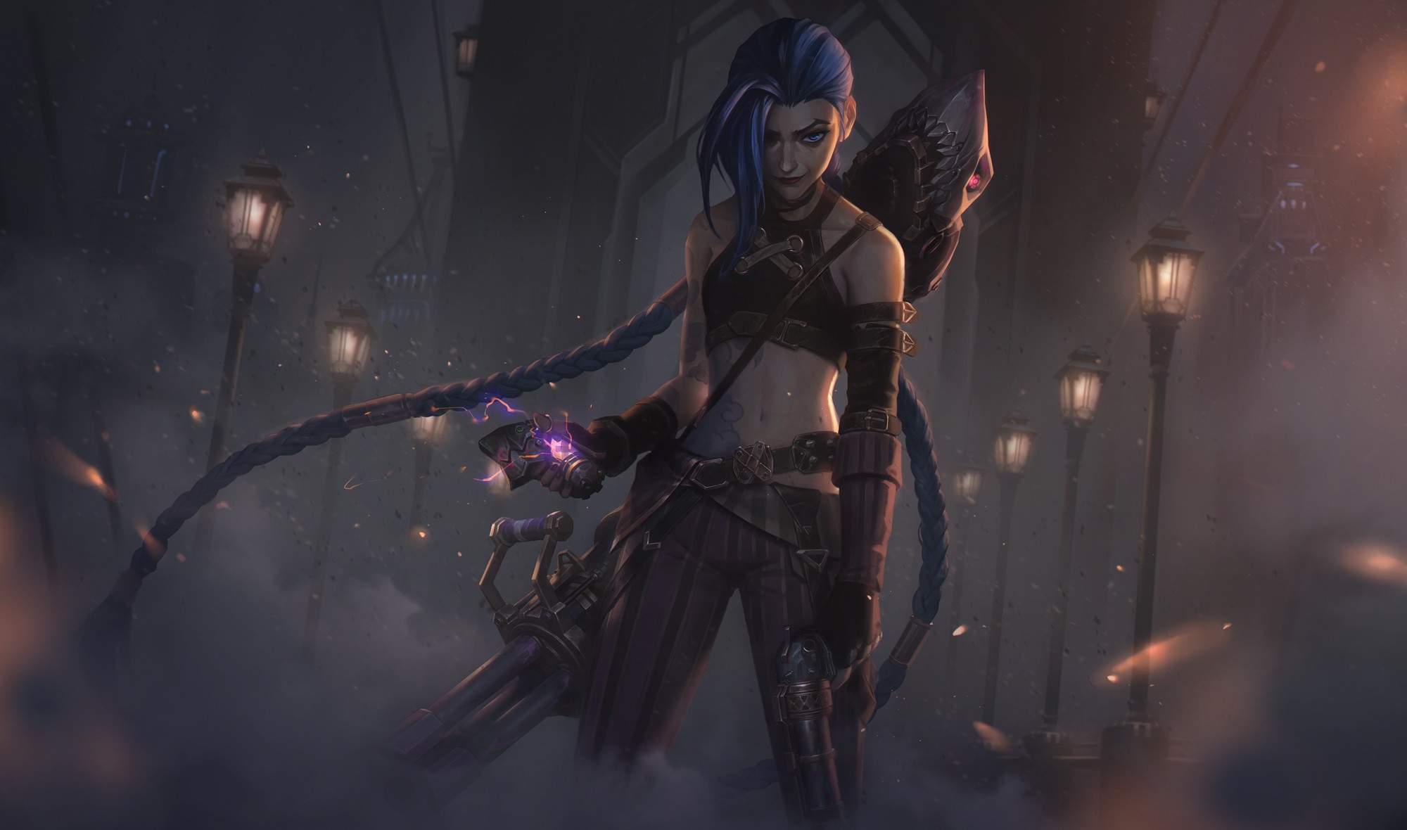 Jinx from League of Legends with a large weapon HD Wallpaper