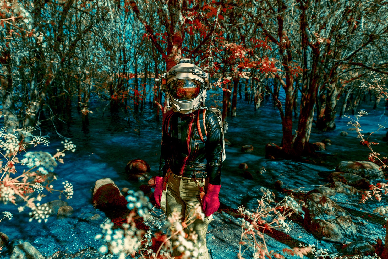 Mako Miyamoto in a spacesuit in a surreal forest HD Wallpaper
