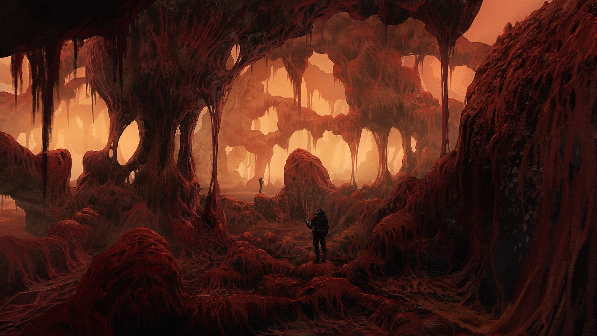 Fantasy art of a disturbing, organic cave with two figures HD Wallpaper