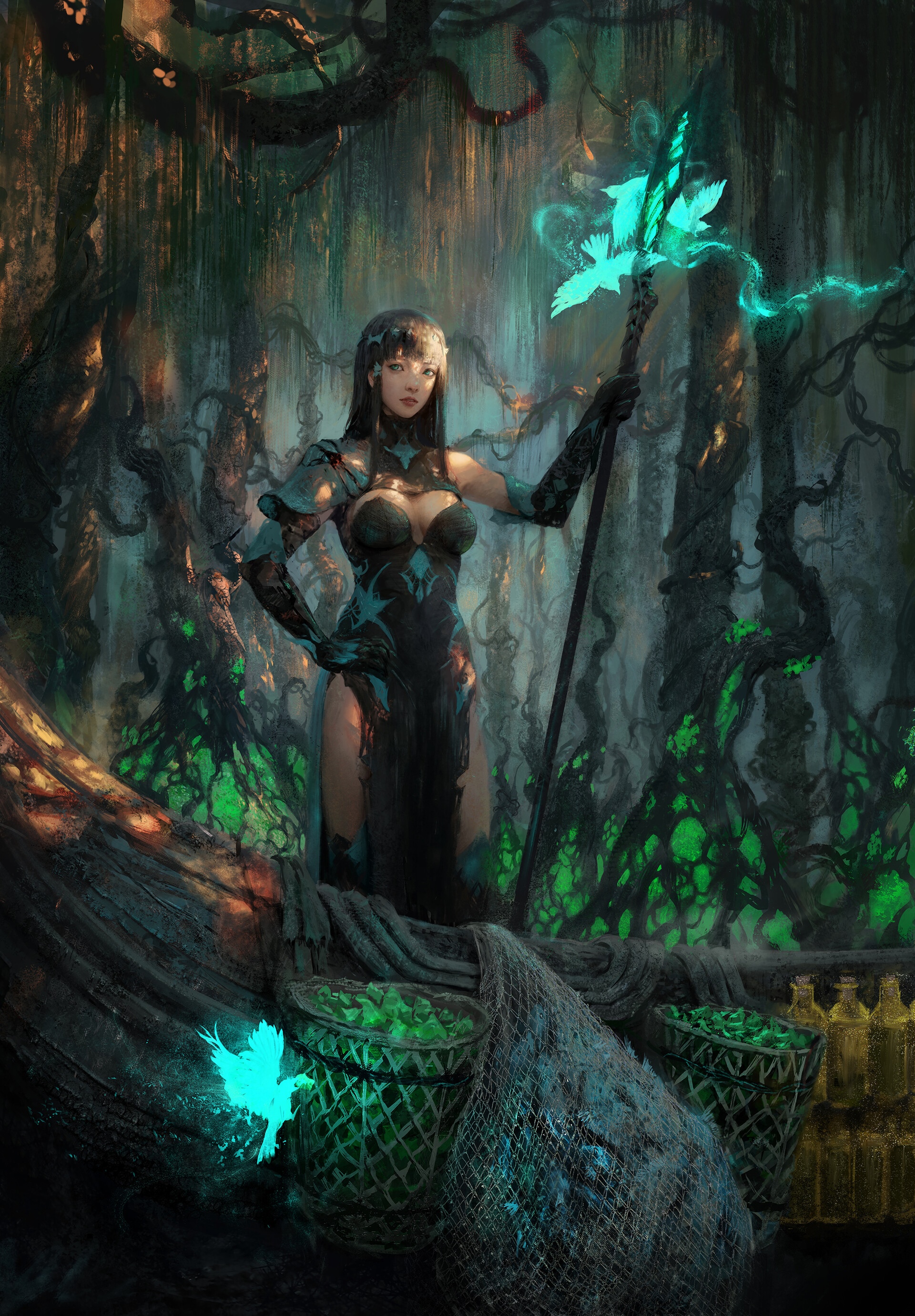 Fantasy girl with staff in a dark forest HD Phone Wallpaper