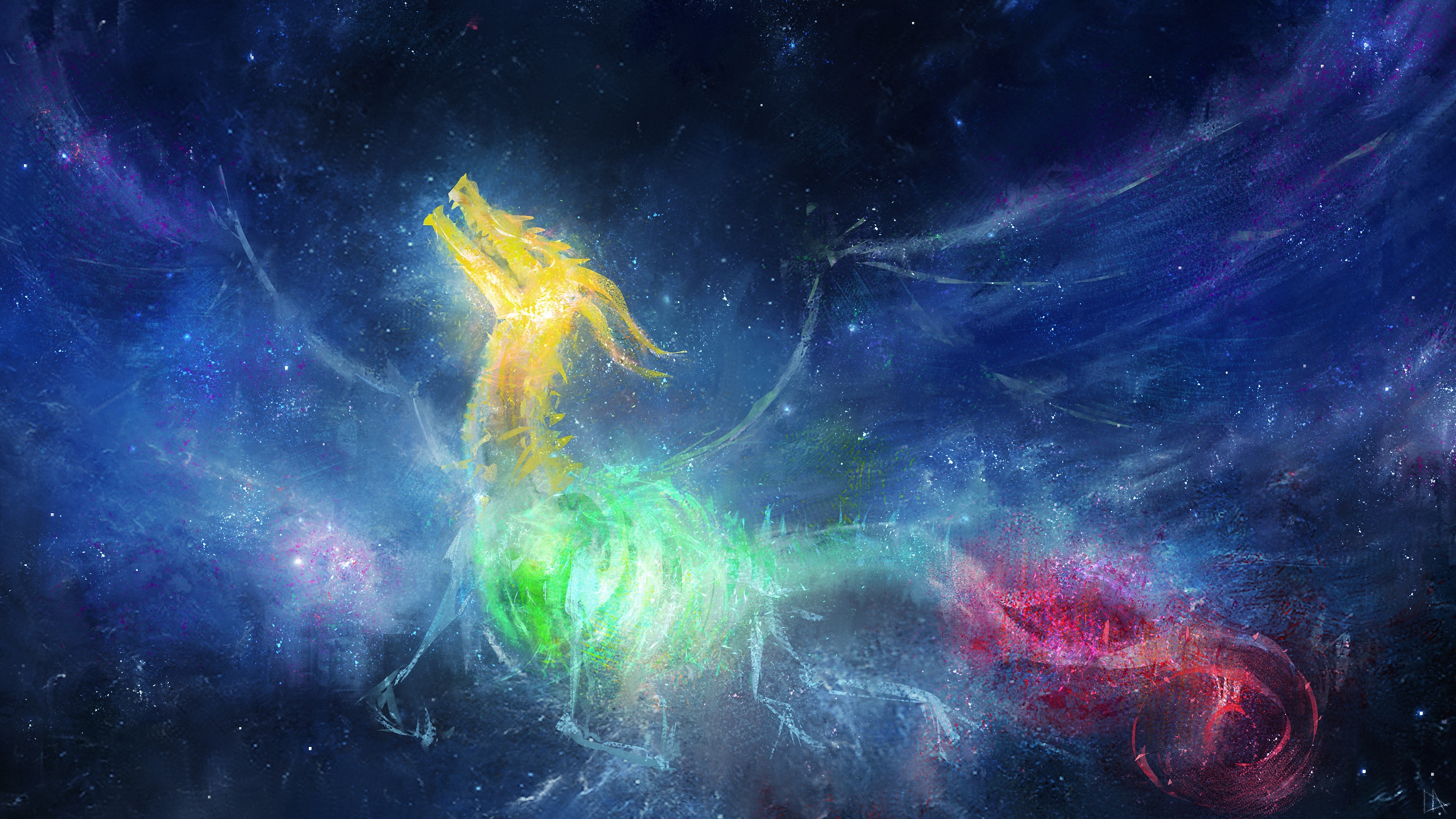 A colorful dragon in a starry galaxy HD Wallpaper