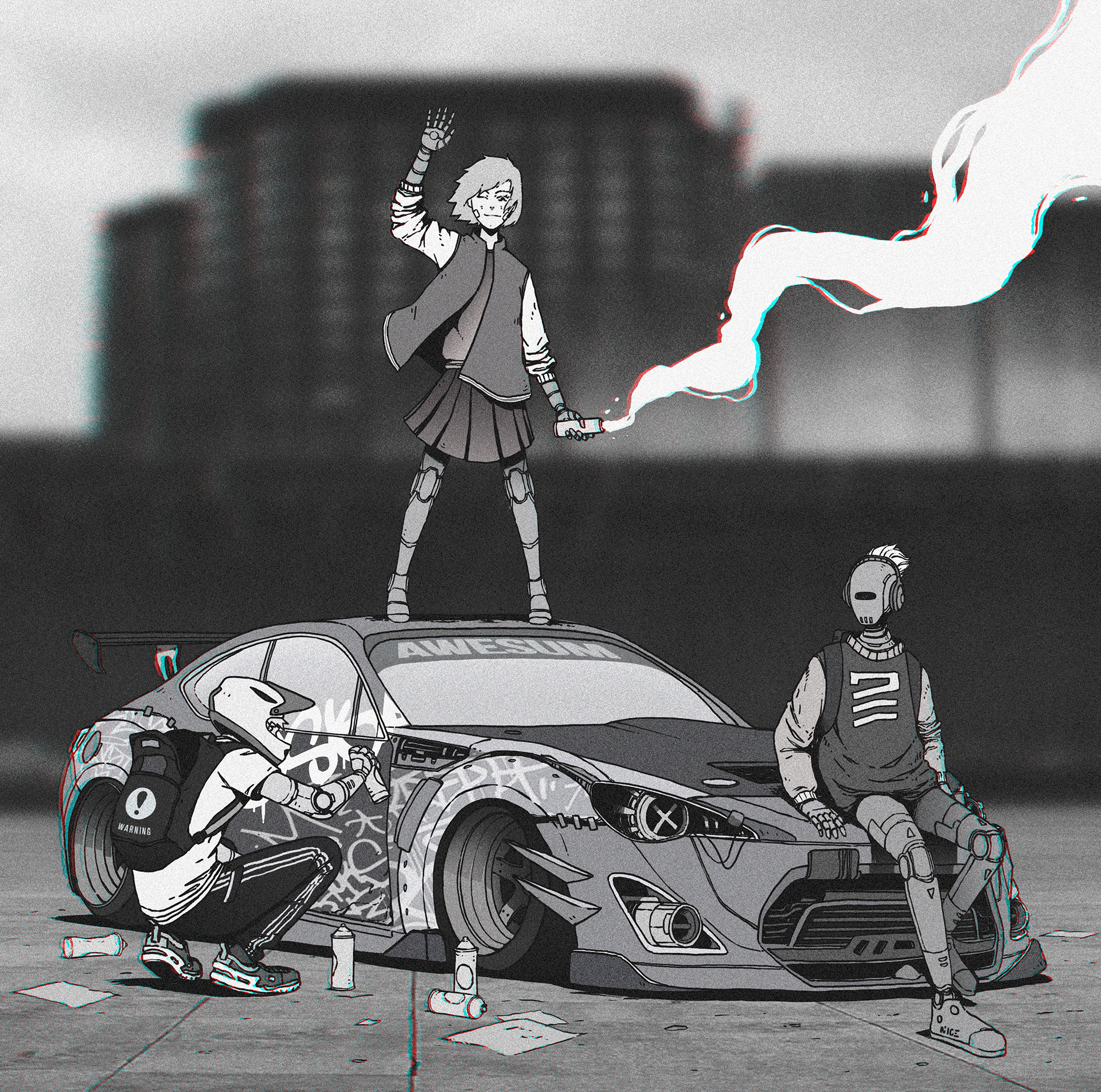 Graffiti artists and robots with a Subaru car HD Wallpaper