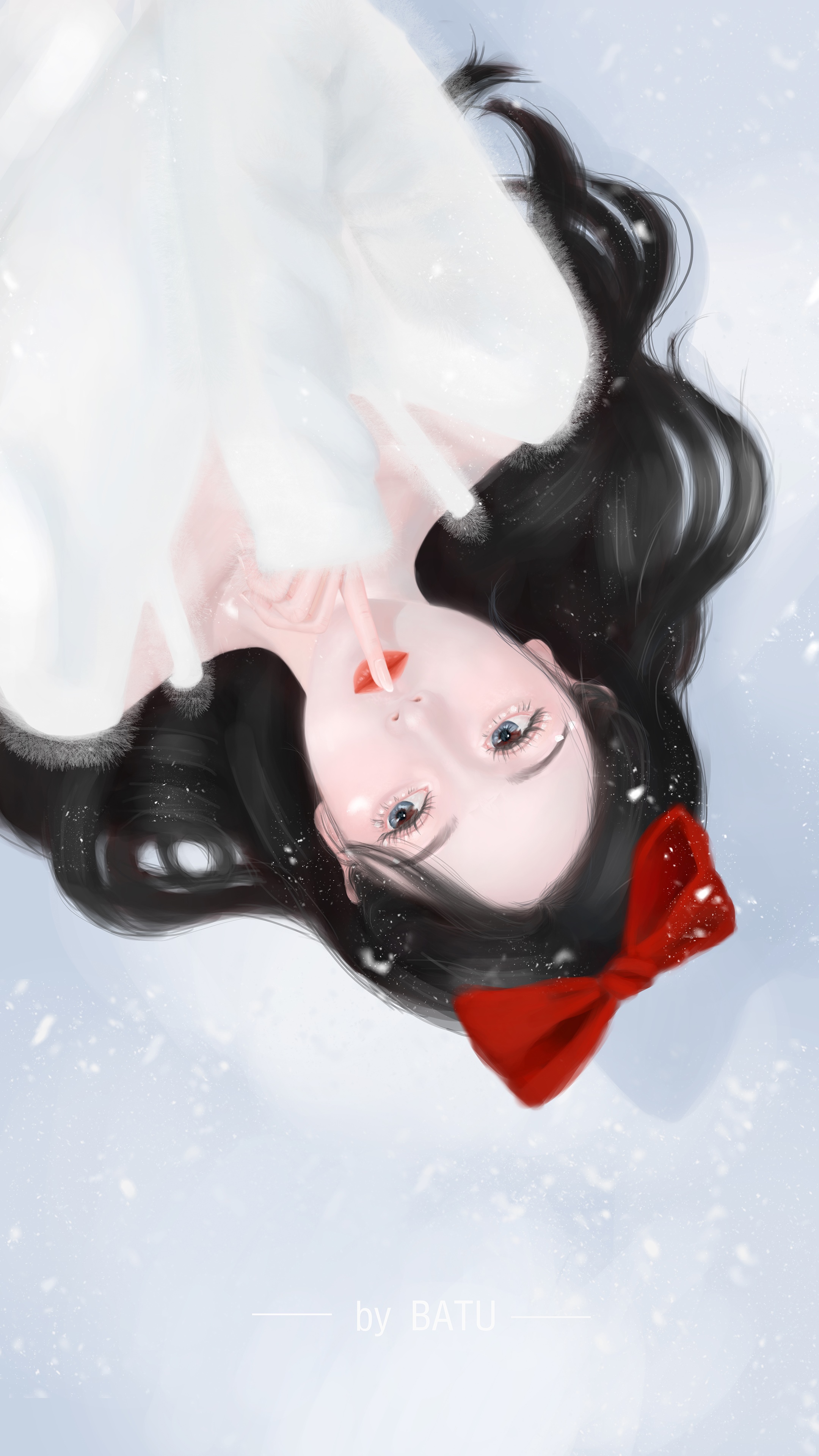 Woman with black hair and red bow in snow HD Phone Wallpaper