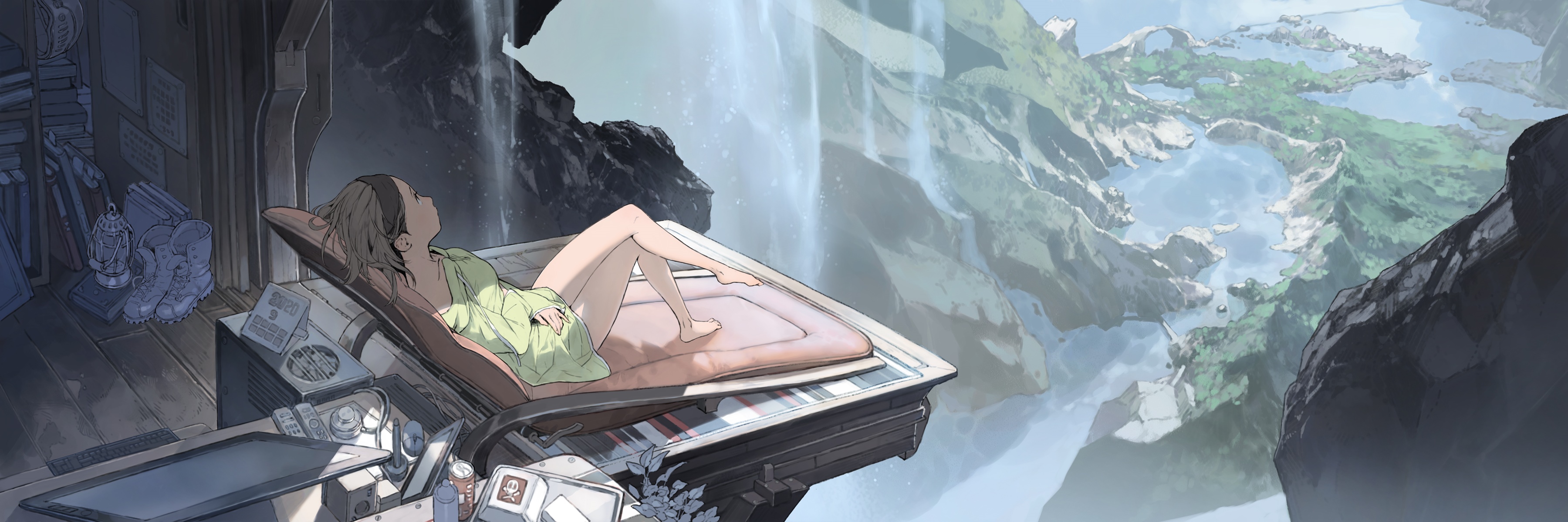 Fantasy girl relaxing by a waterfall overlooking a valley HD Wallpaper