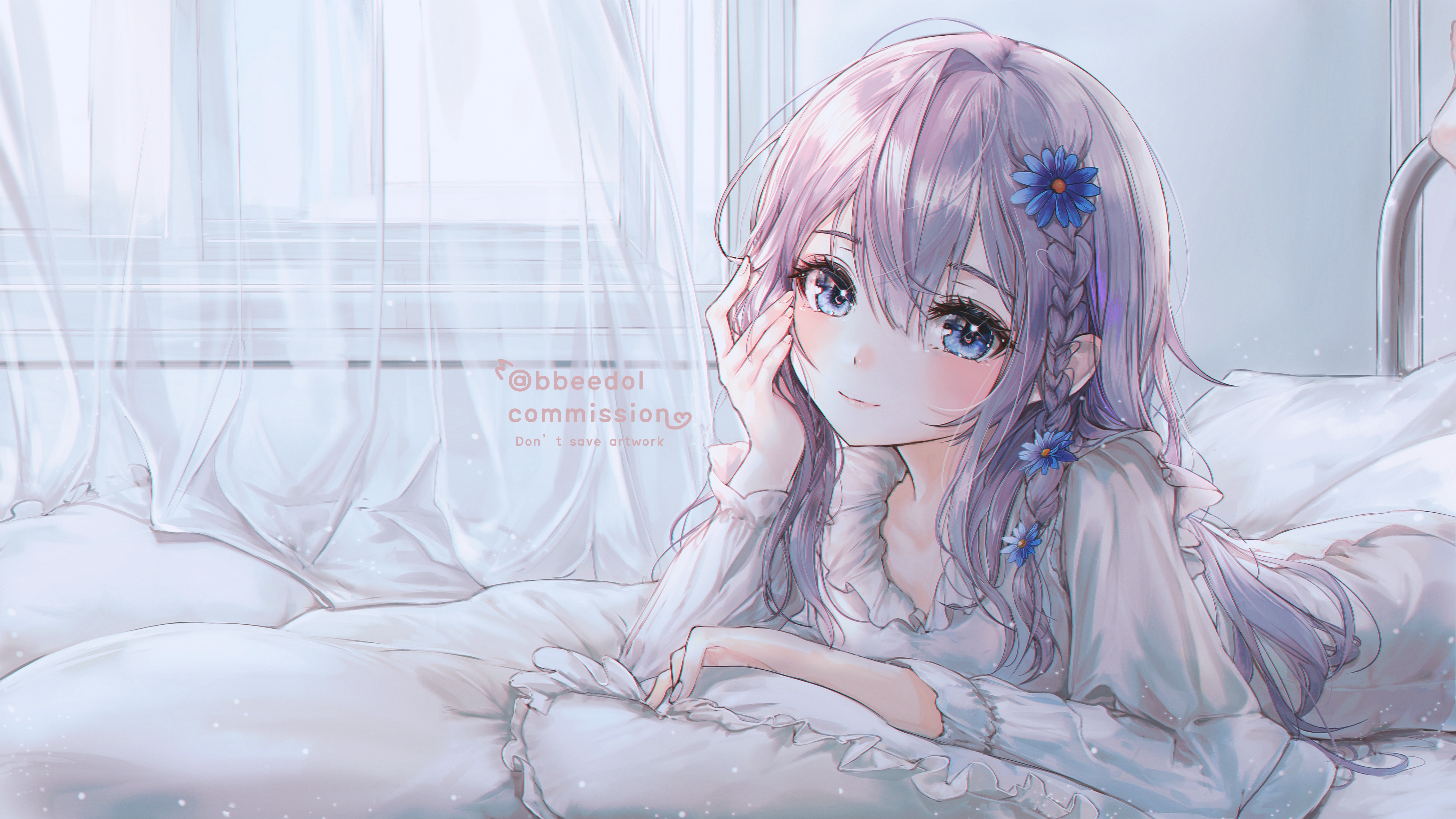 4K artwork of a girl with silver hair and blue eyes in bed HD Wallpaper