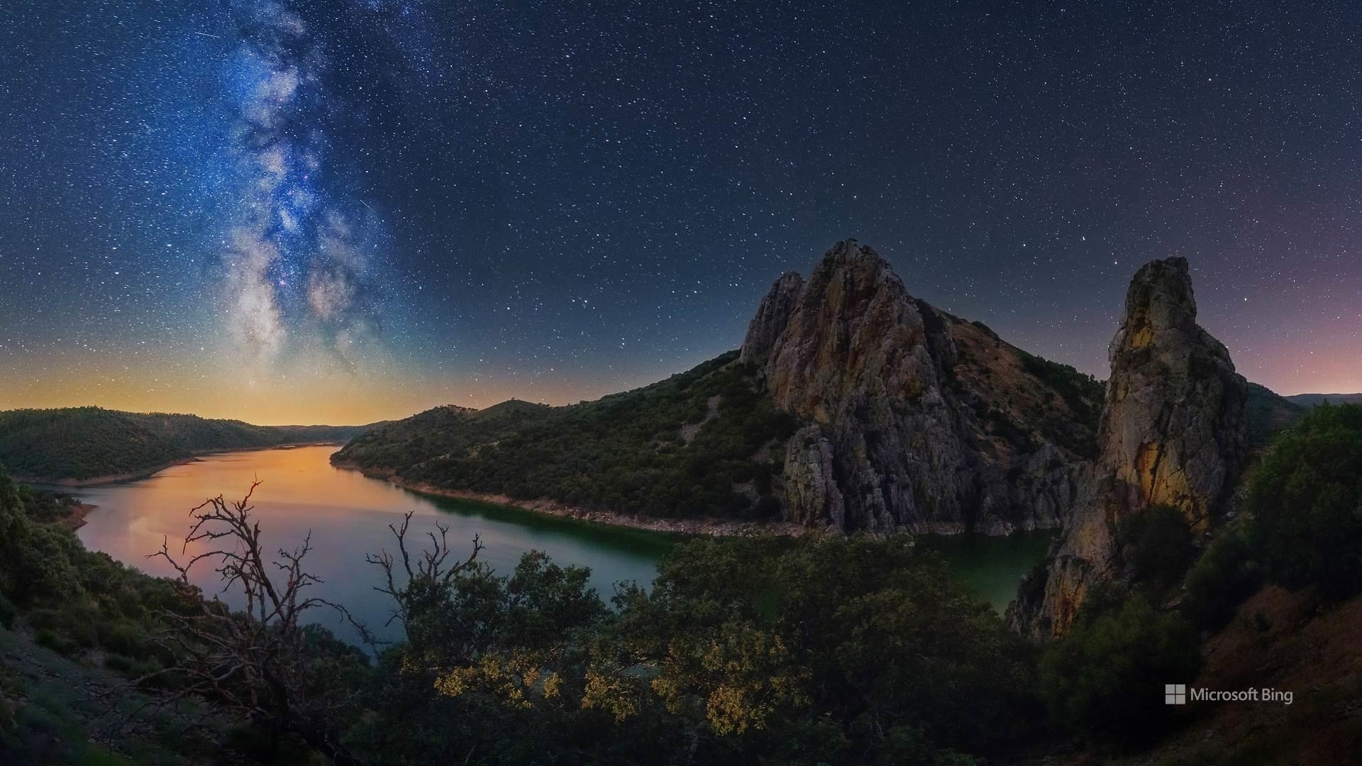 Milky Way over a lake and rocky mountains HD Wallpaper
