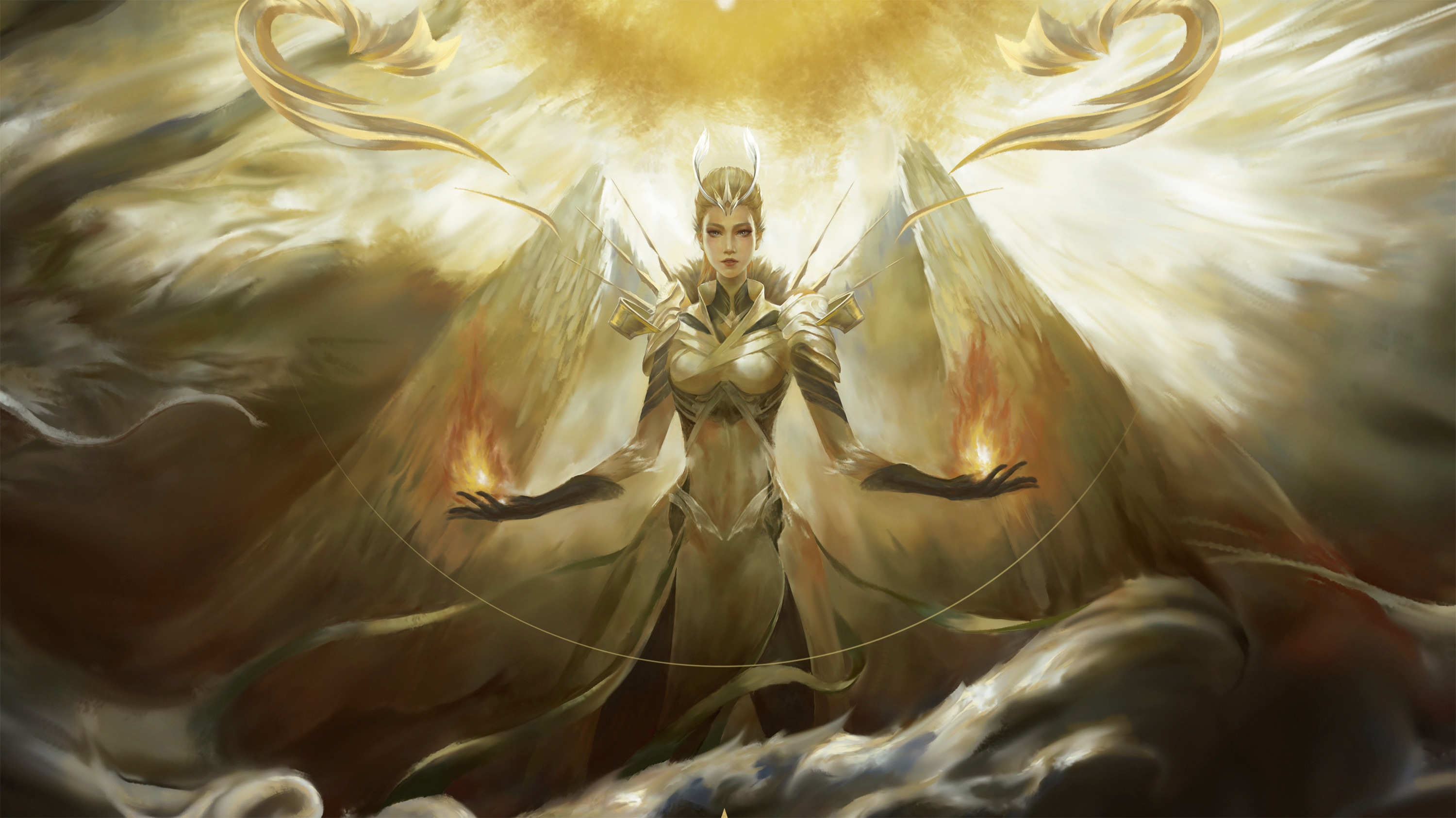 Angel with golden armor and fiery hands HD Wallpaper
