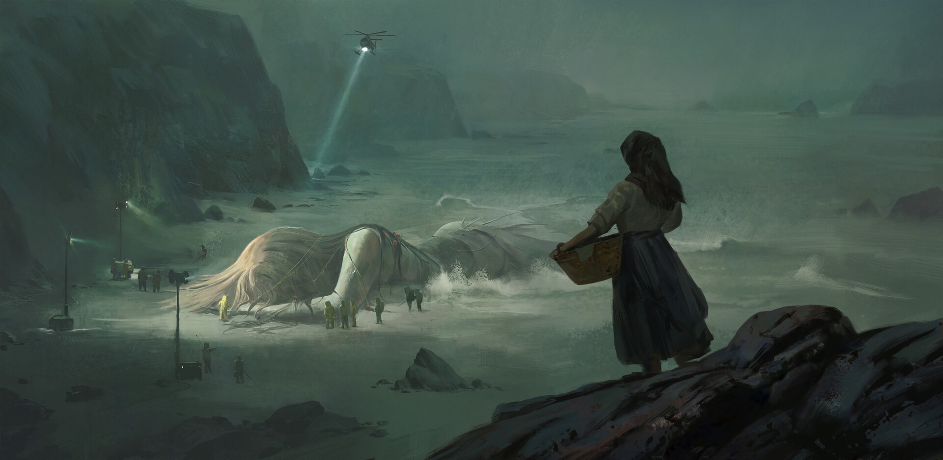 Giant creature washed ashore with a rescue operation HD Wallpaper