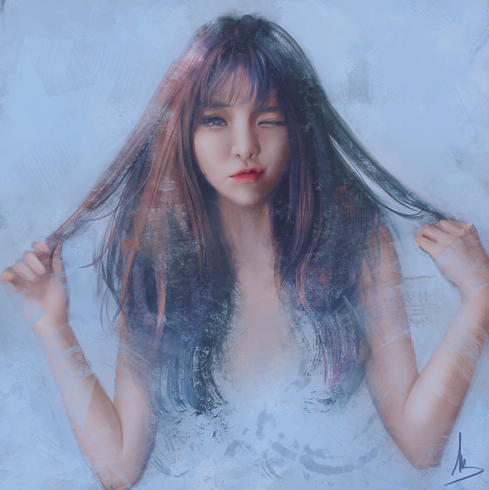 Artwork of an Asian woman with long hair HD Wallpaper