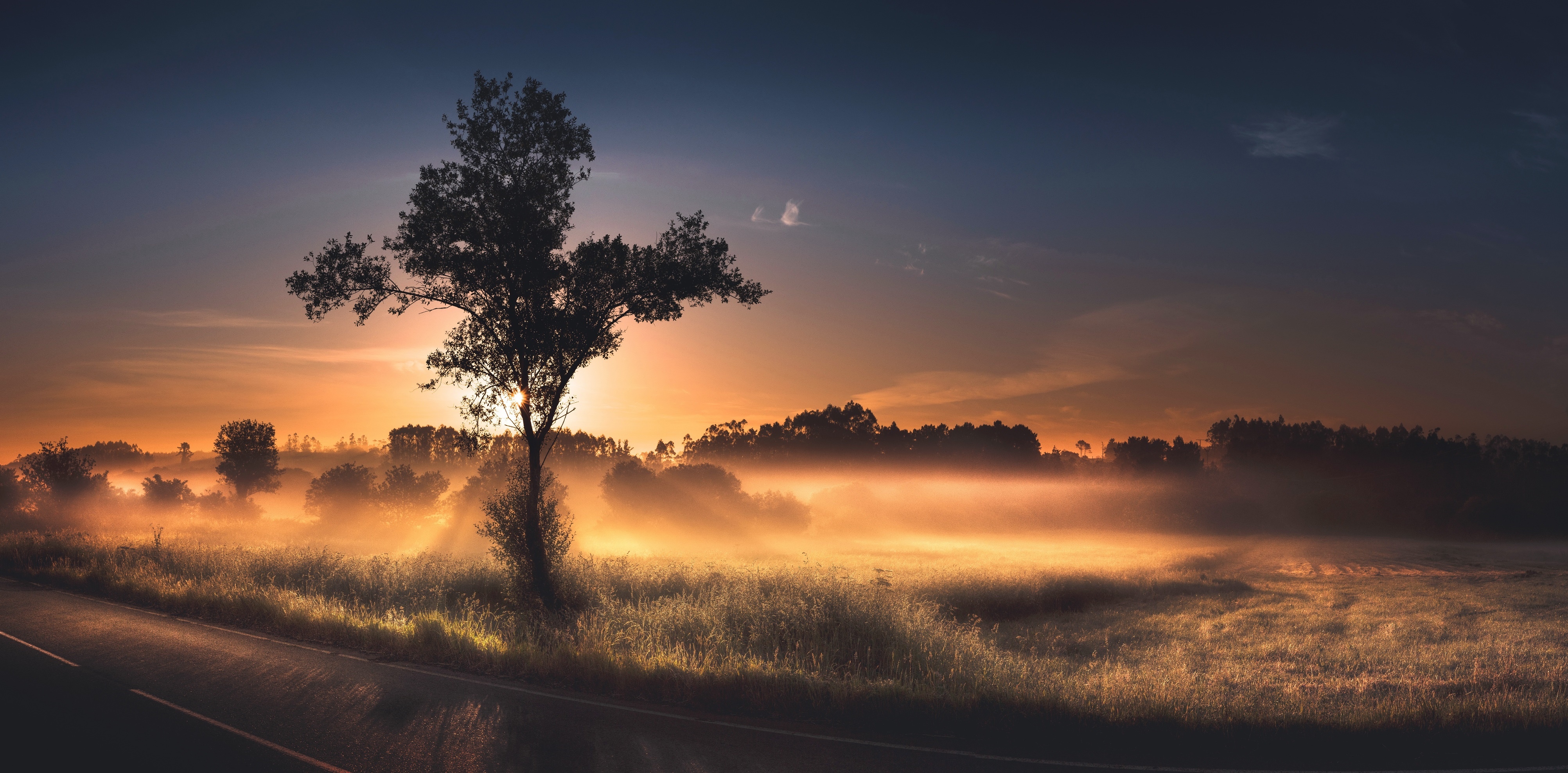 4K landscape with orange sky and mist HD Wallpaper