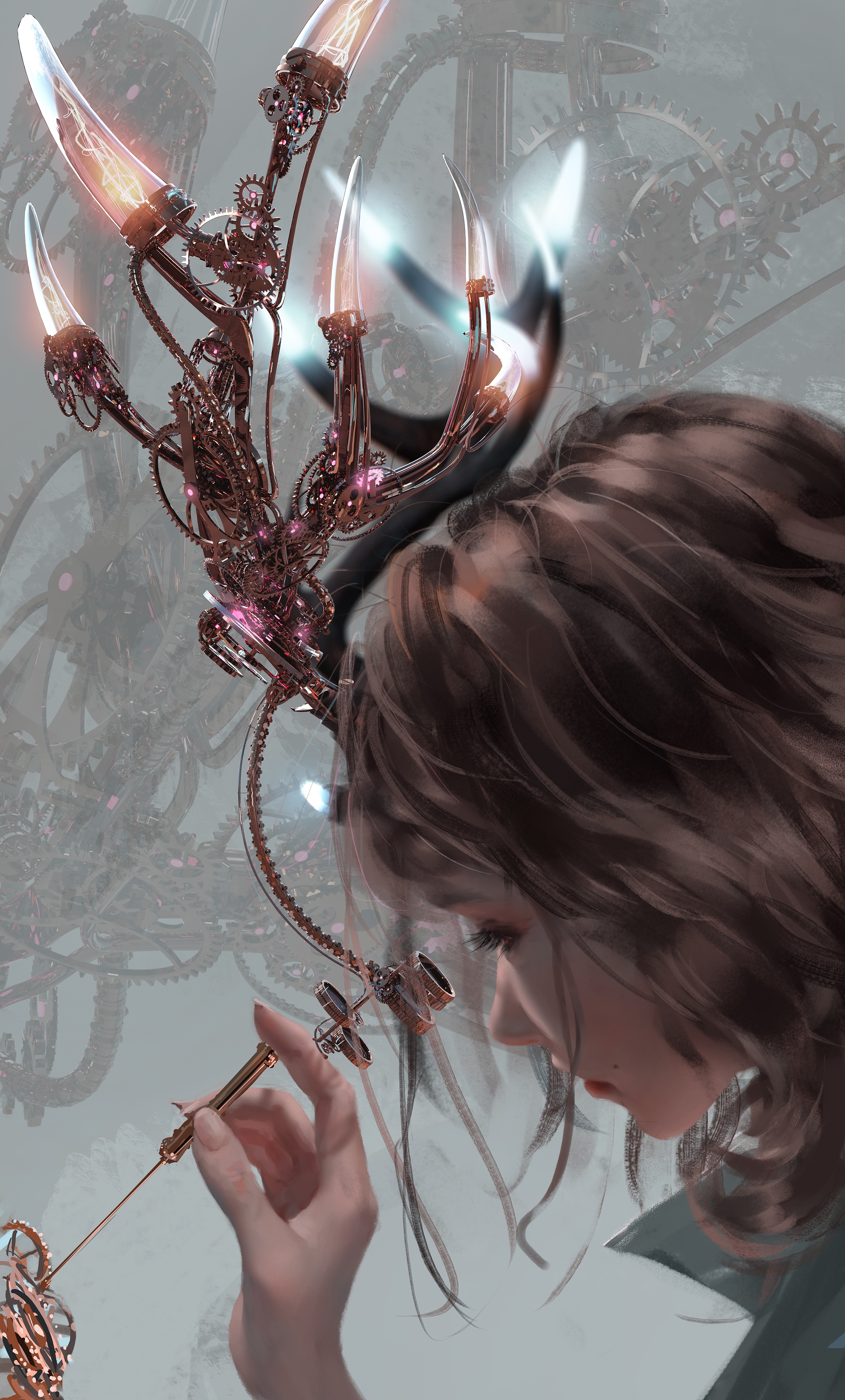 Fantasy girl with steampunk device by WLOP HD Phone Wallpaper