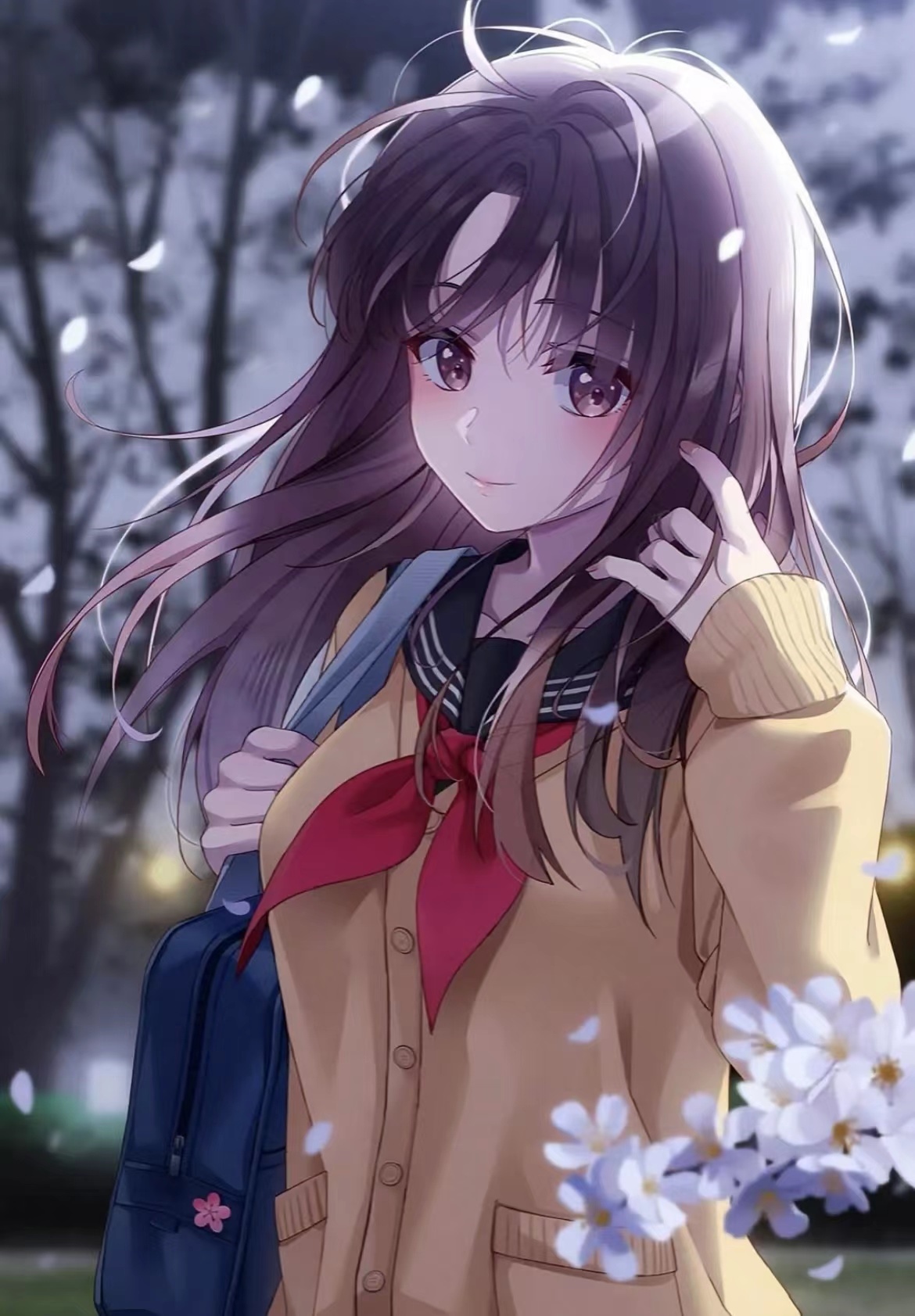 Anime girl in school uniform with red ribbon HD Phone Wallpaper