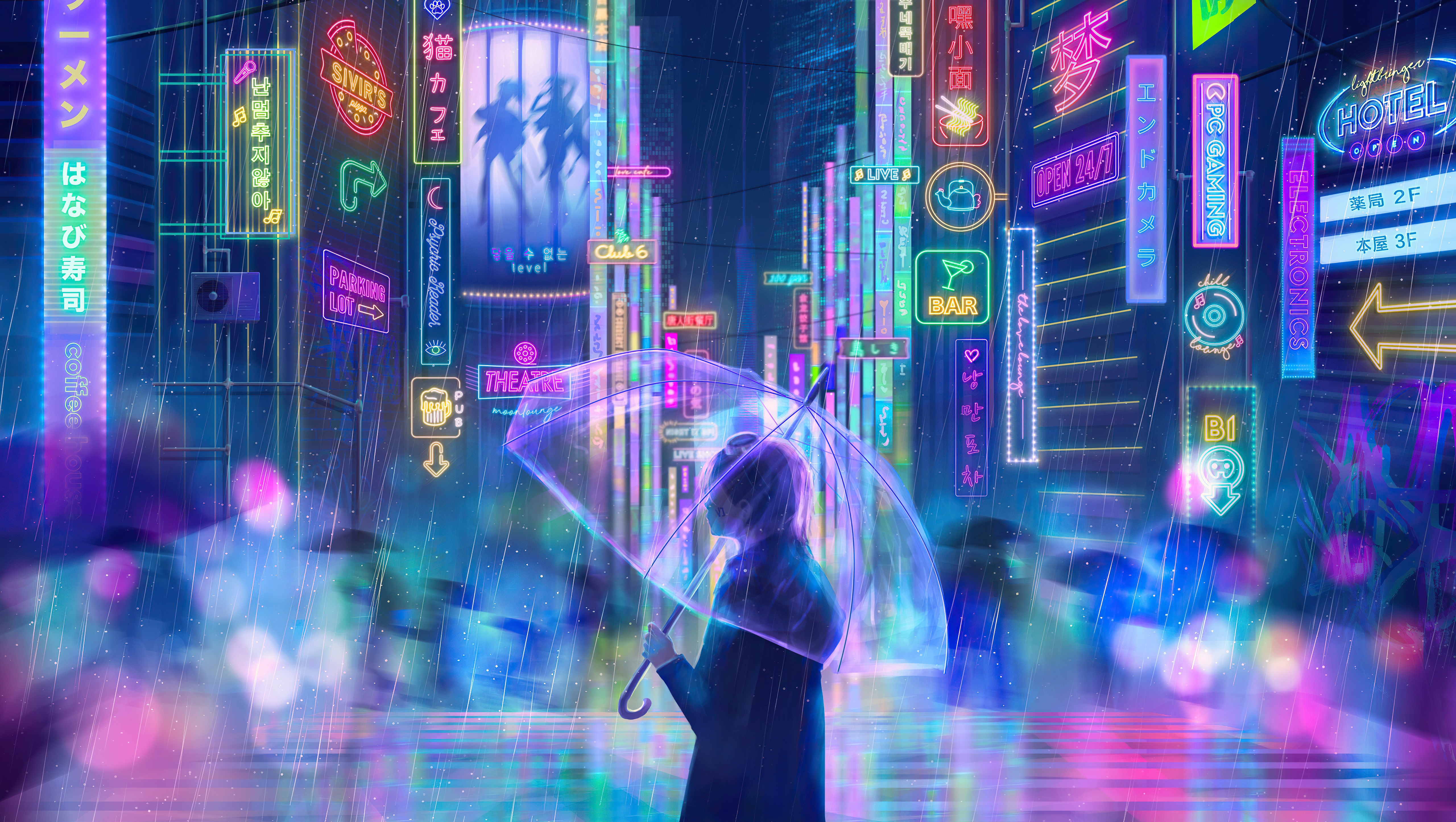 4K Rain in Neon City with Umbrella HD Wallpaper