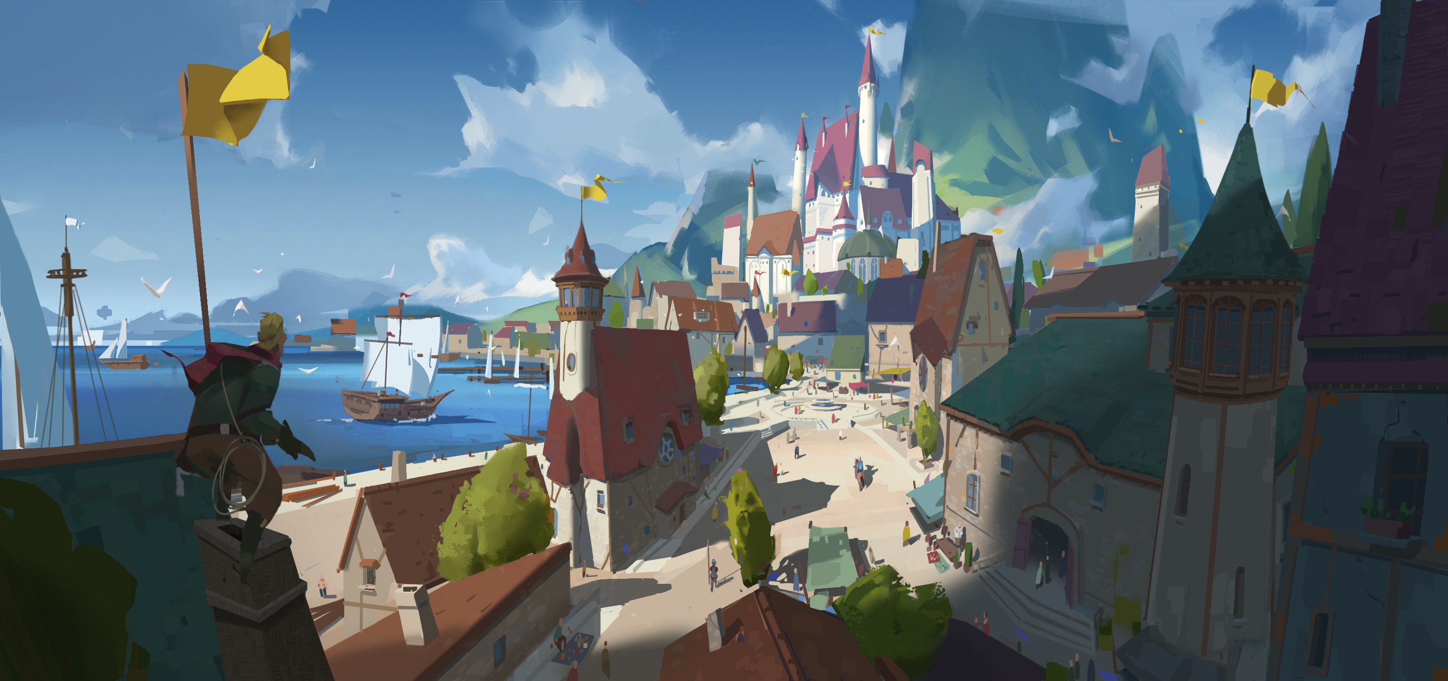 Fantasy cityscape with a castle and harbor HD Wallpaper
