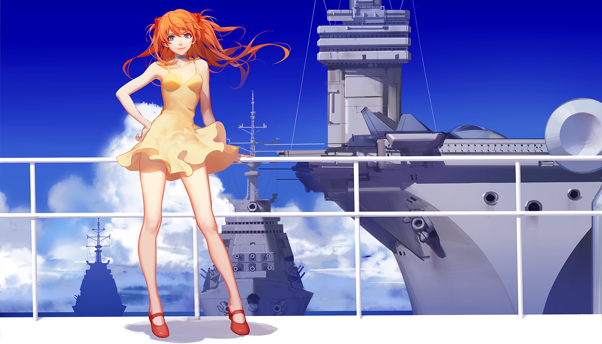 Asuka Langley Soryu in a yellow dress on a ship HD Wallpaper