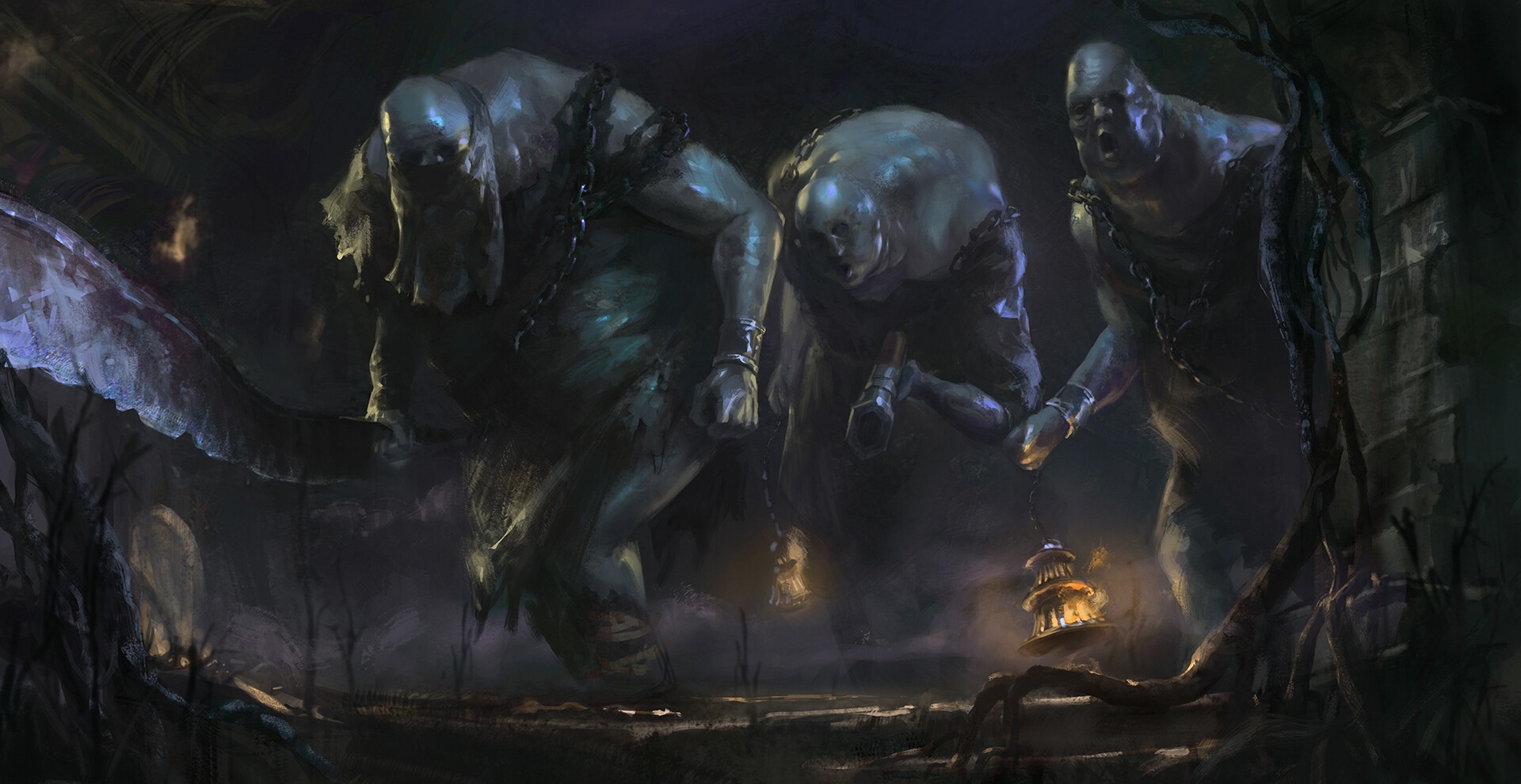 Three grotesque figures in a dark fantasy setting HD Wallpaper