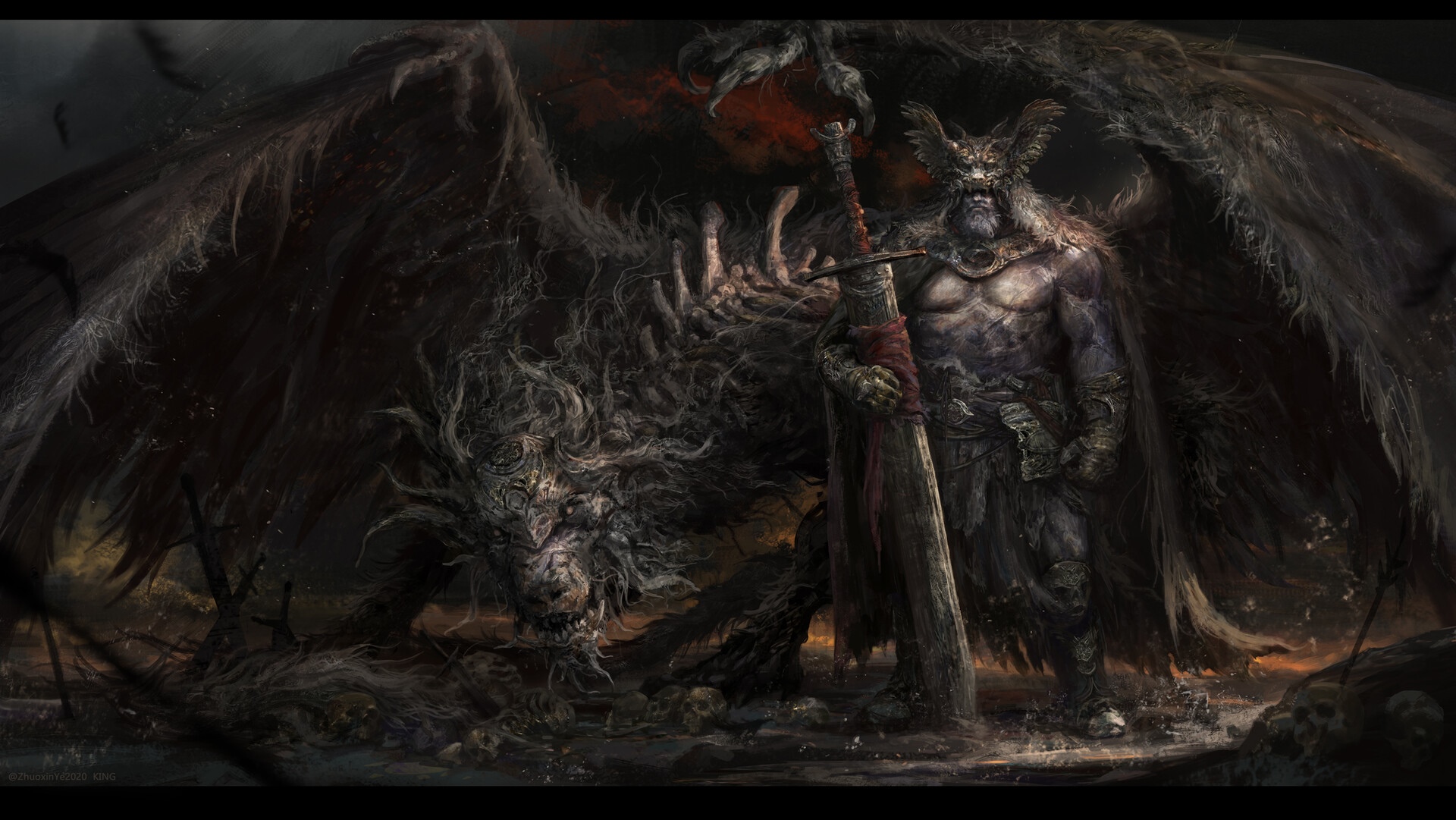 Dark Fantasy Artwork of a Winged Warrior and Dragon HD Wallpaper