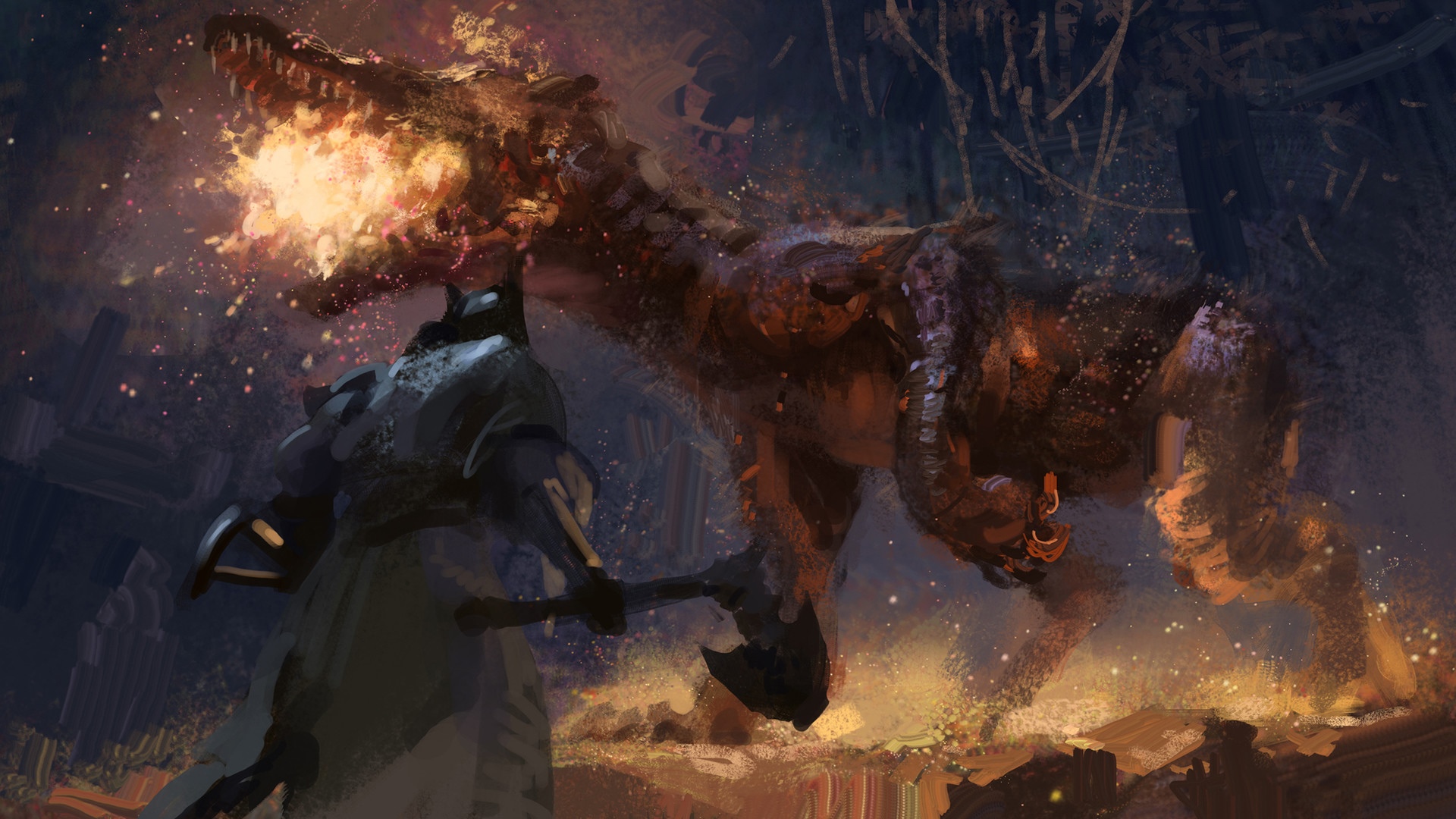 Artwork by Zhuoxin Ye: Knight fights a fire-breathing dinosaur HD Wallpaper