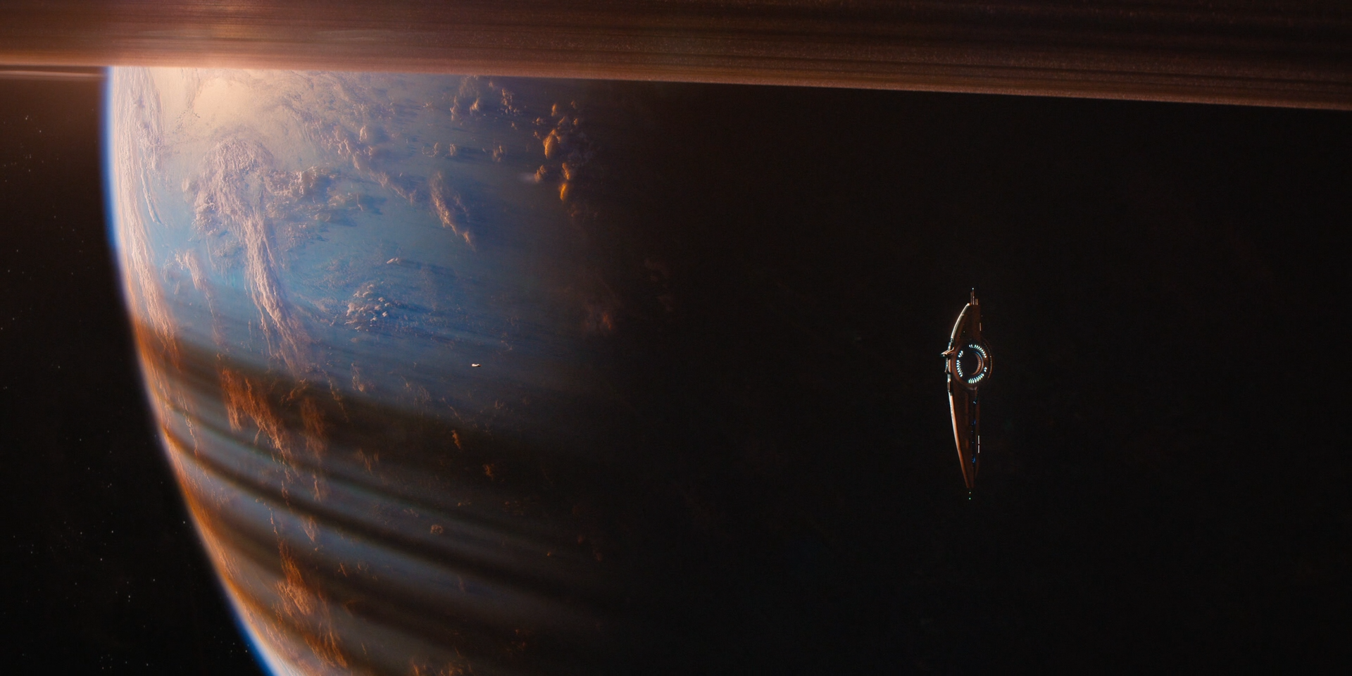 Spaceship near a ringed planet in Foundation HD Wallpaper