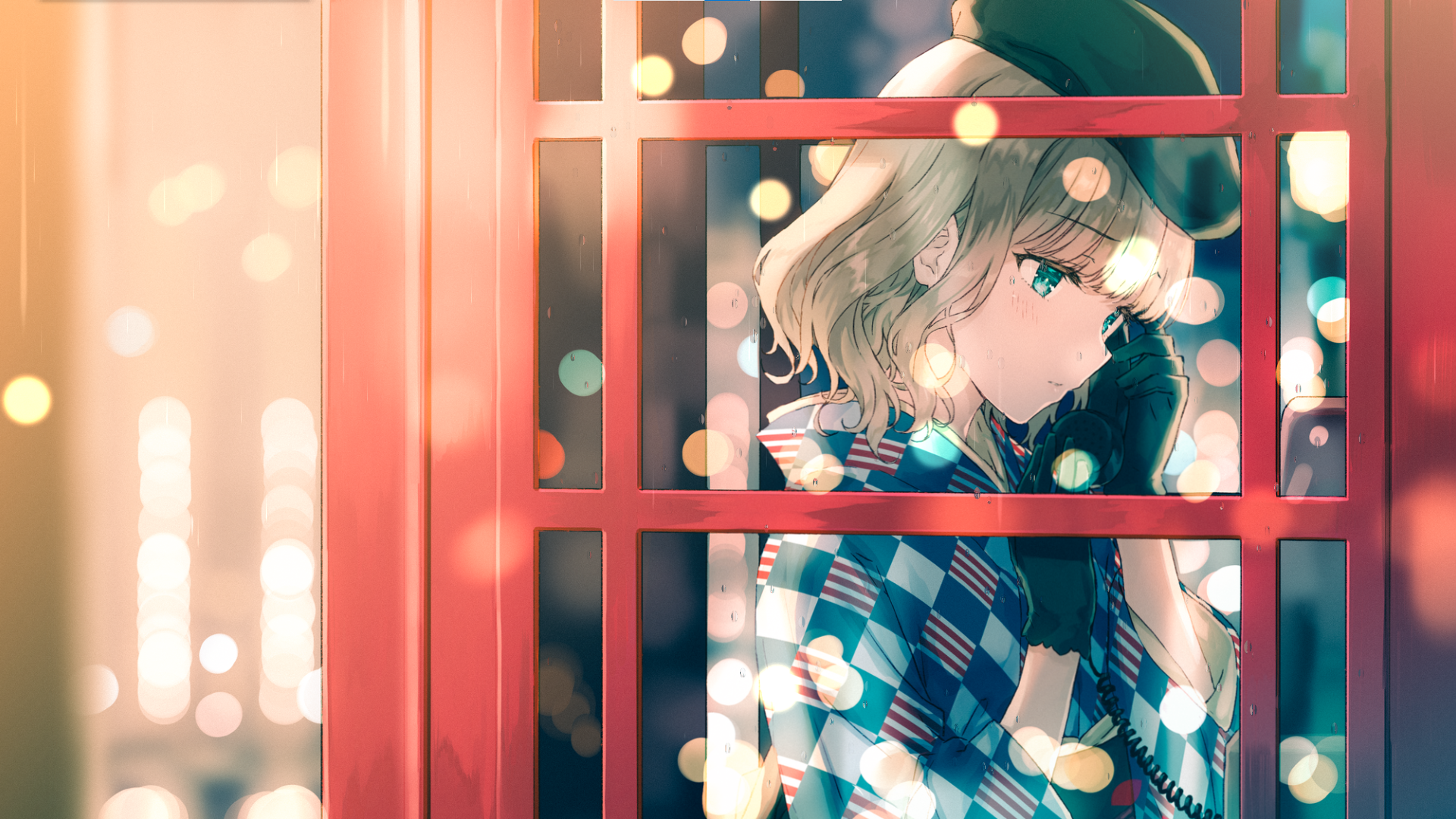 Girl in a phone box talking on the phone HD Wallpaper