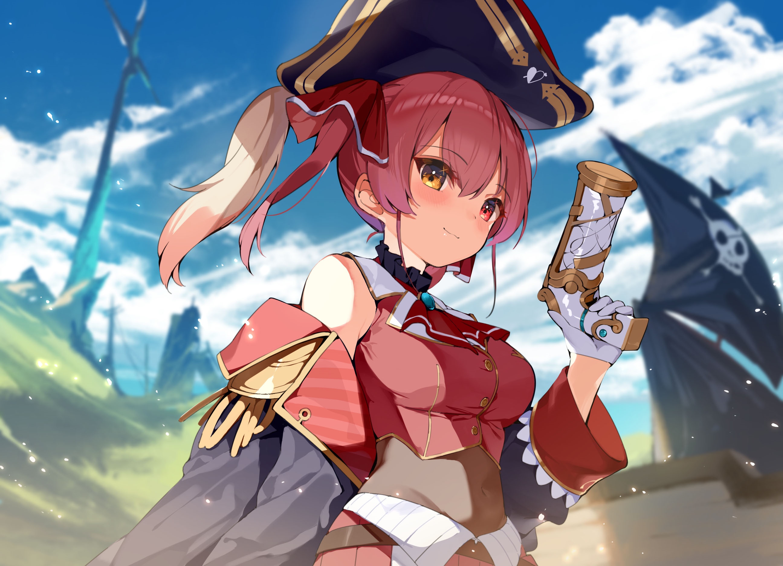 Houshou Marine holding a pistol with a pirate ship in the background HD Wallpaper