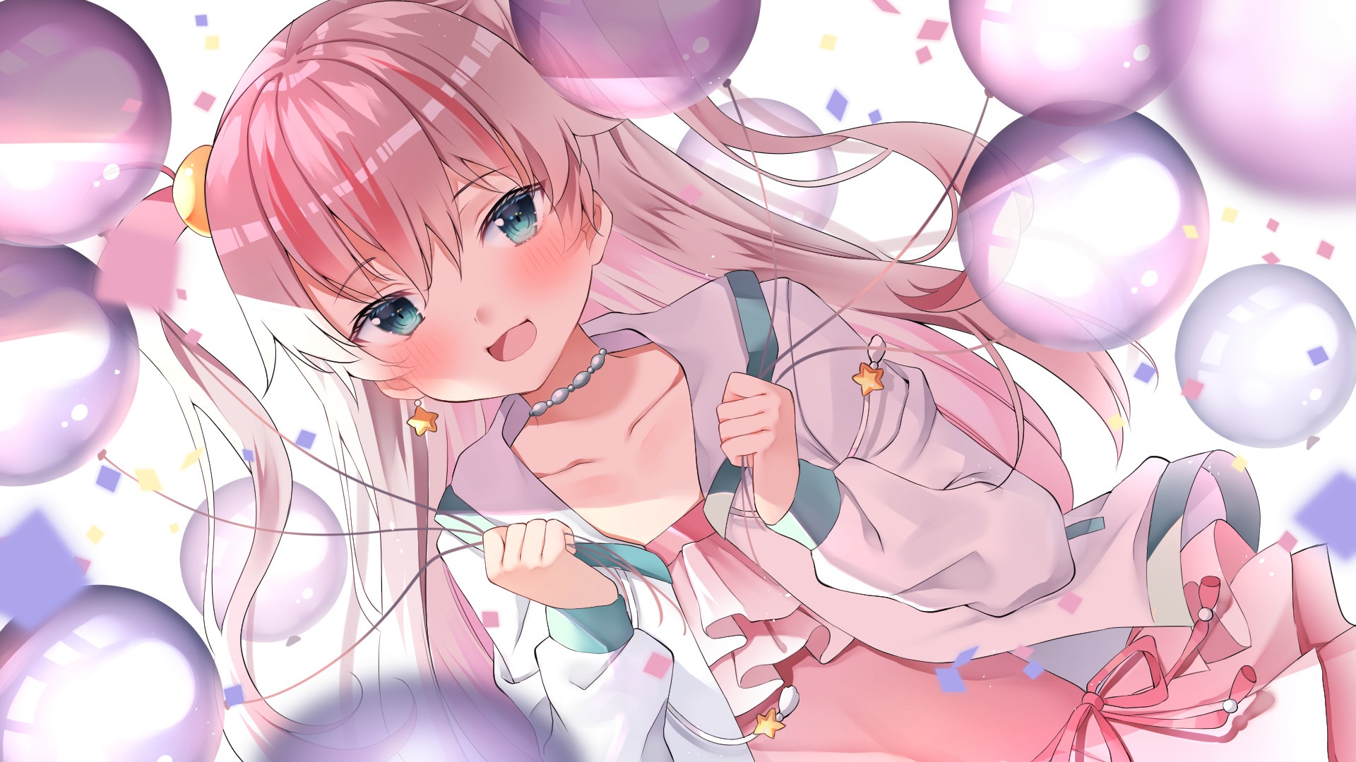 Anime girl with pink hair and balloons HD Wallpaper