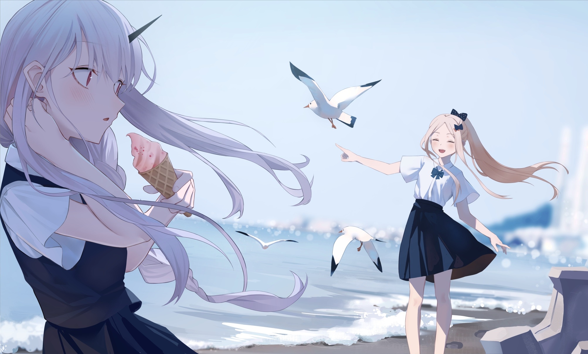 Two anime girls at the beach with seagulls and ice cream HD Wallpaper