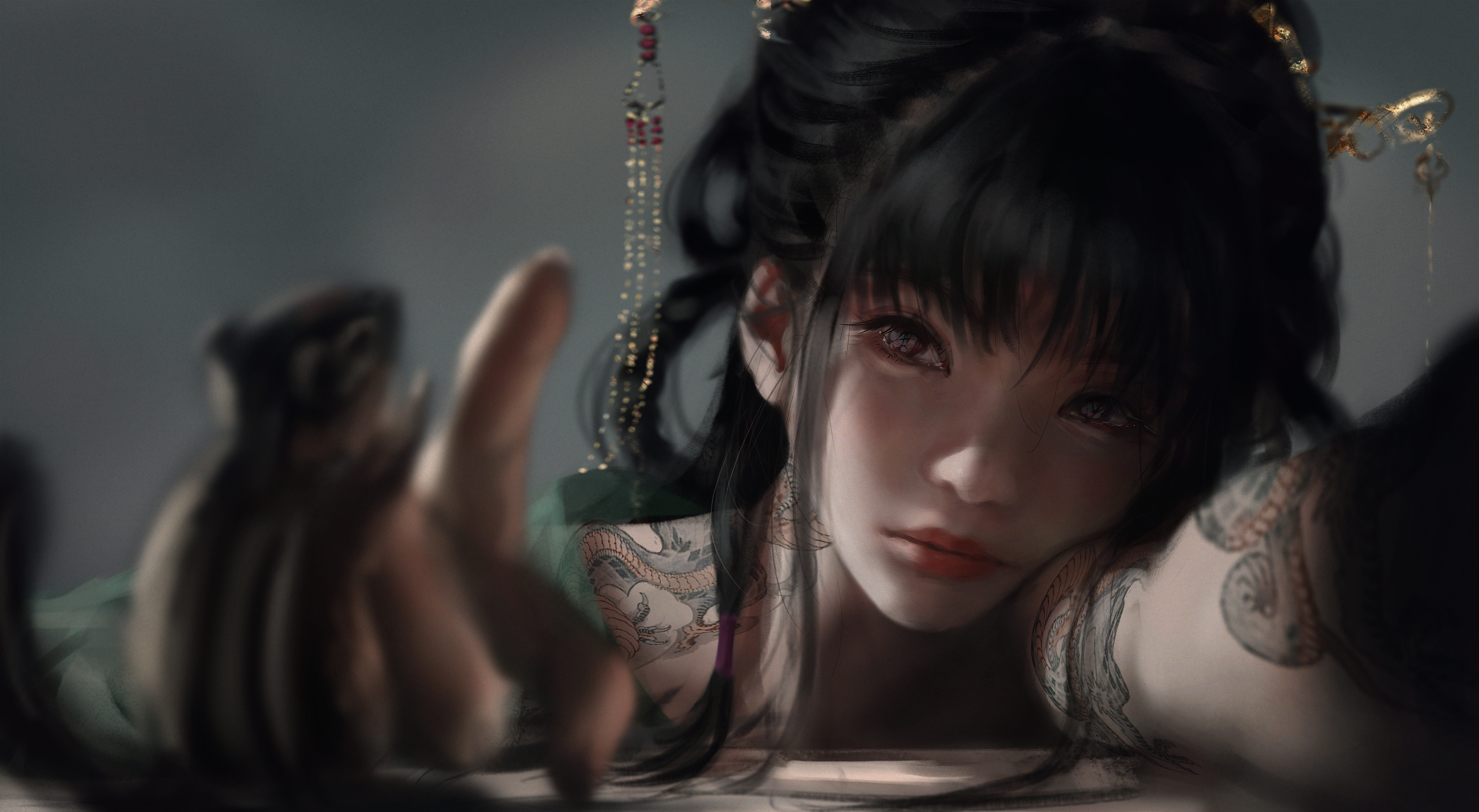 Fantasy art of a woman with tattoos HD Wallpaper