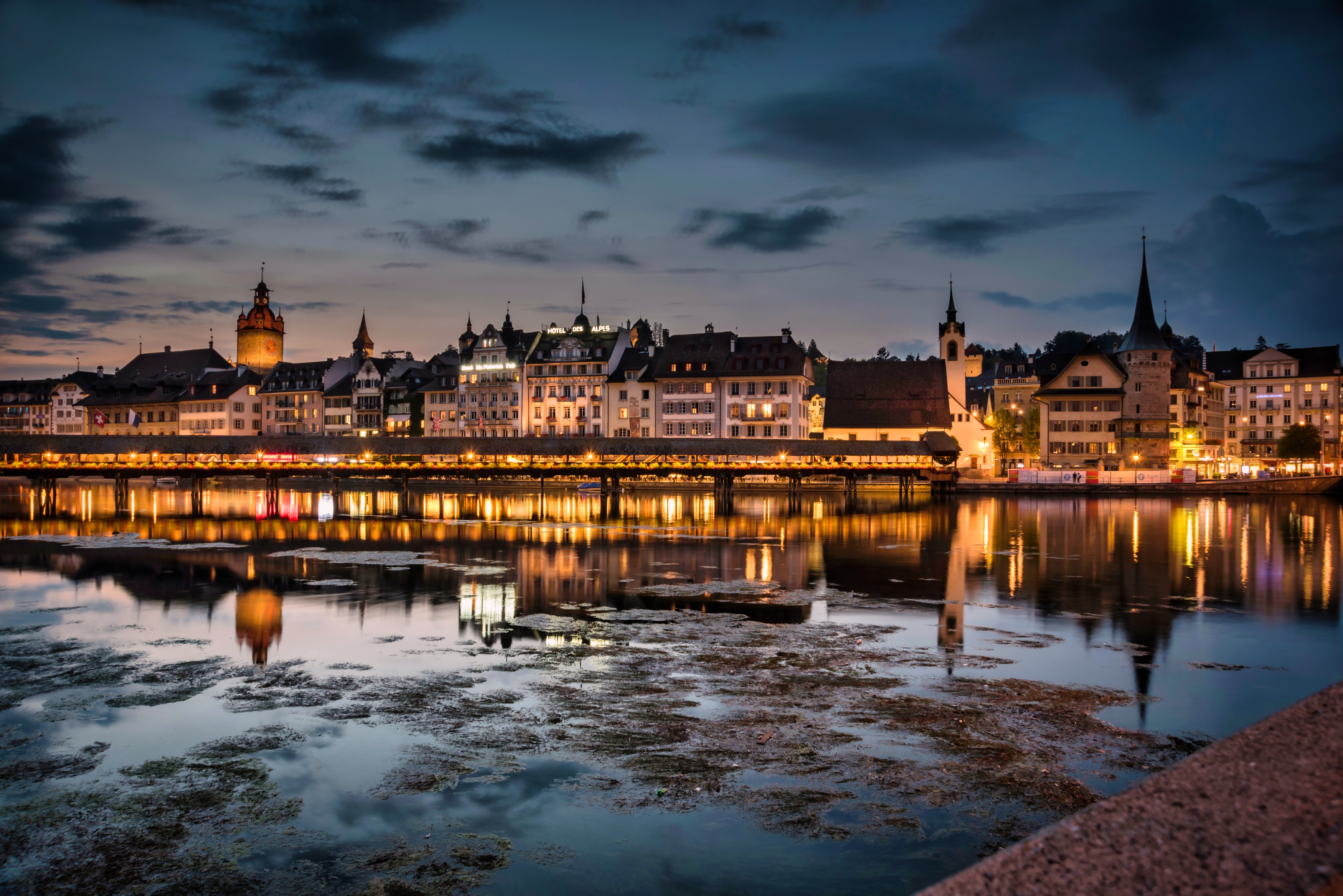 Night view of Chapel Bridge and Water Tower in Lucerne, Switzerland HD Wallpaper