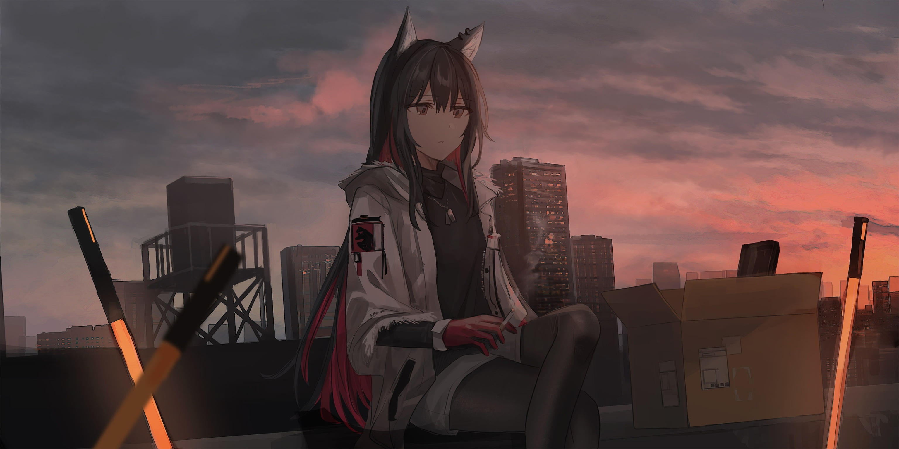 Texas from Arknights sitting on a rooftop at sunset HD Wallpaper