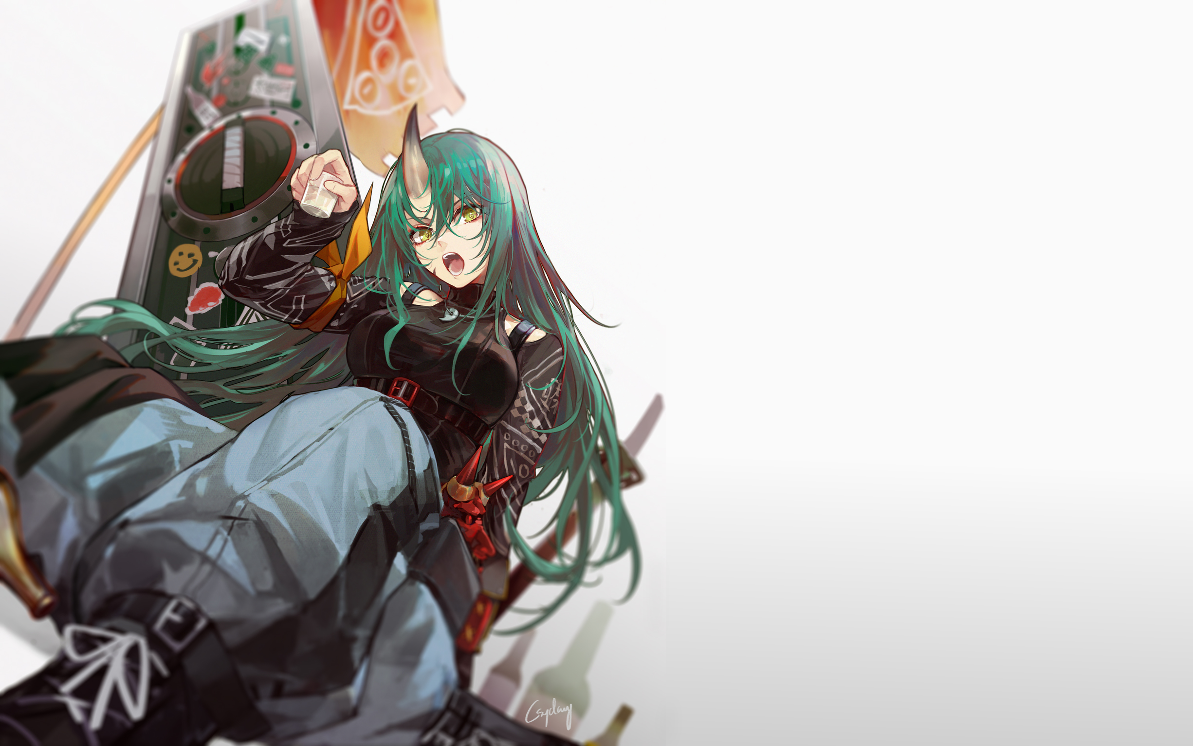Hoshiguma from Arknights with green hair and horns HD Wallpaper