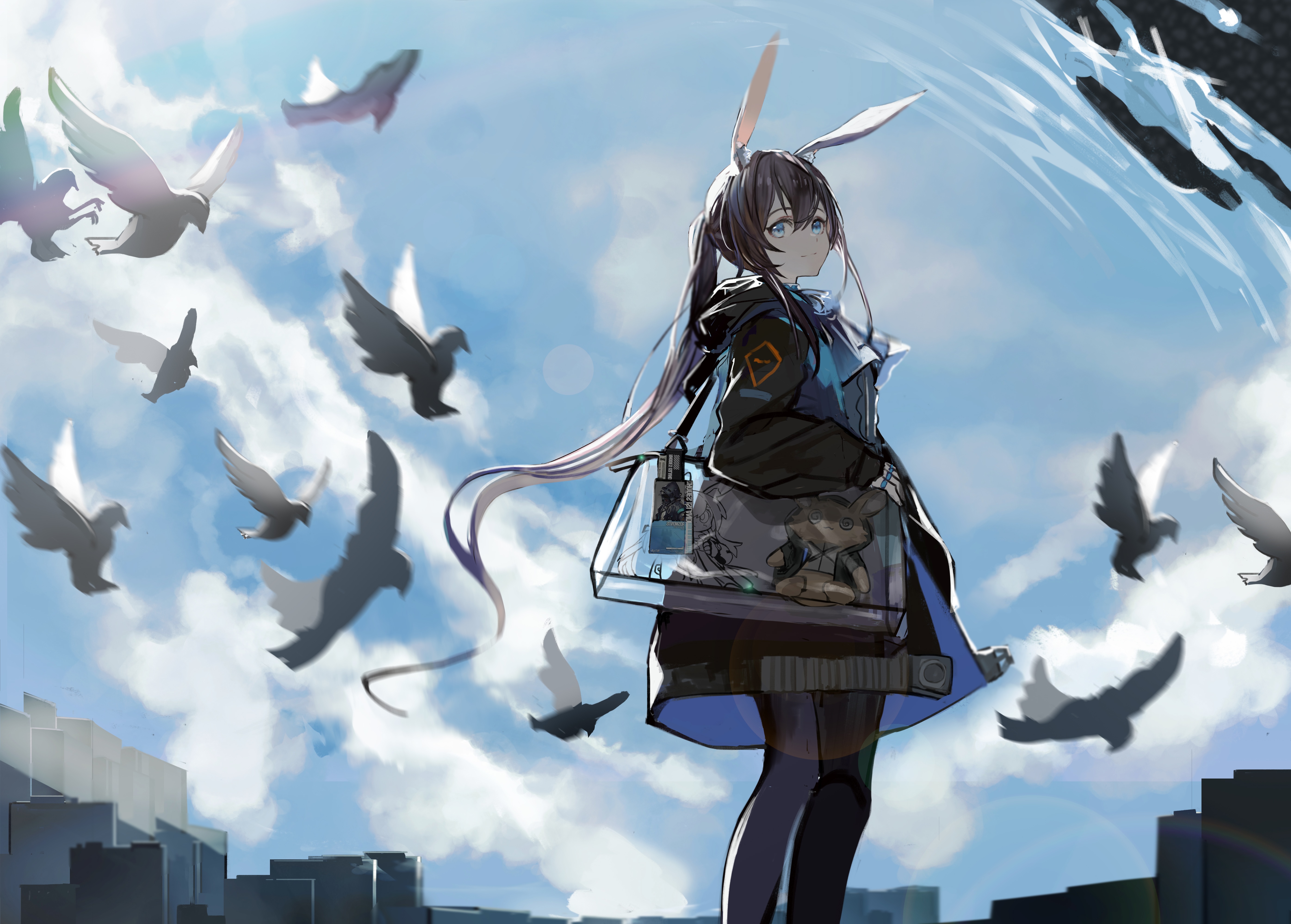4K Arknights Amiya with Bunny Ears and Pigeons HD Wallpaper
