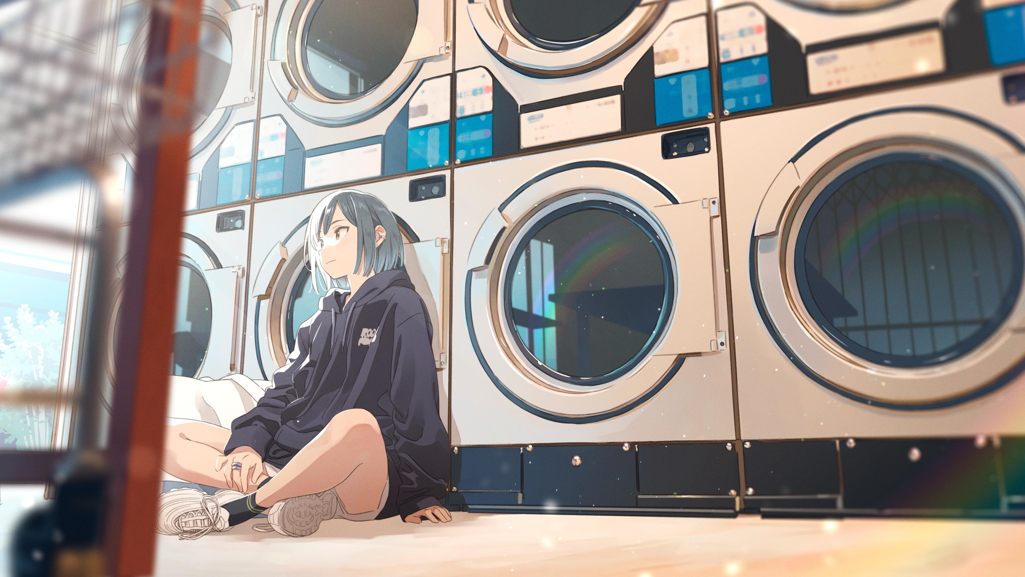 Anime girl sitting in a laundromat with washing machines HD Wallpaper