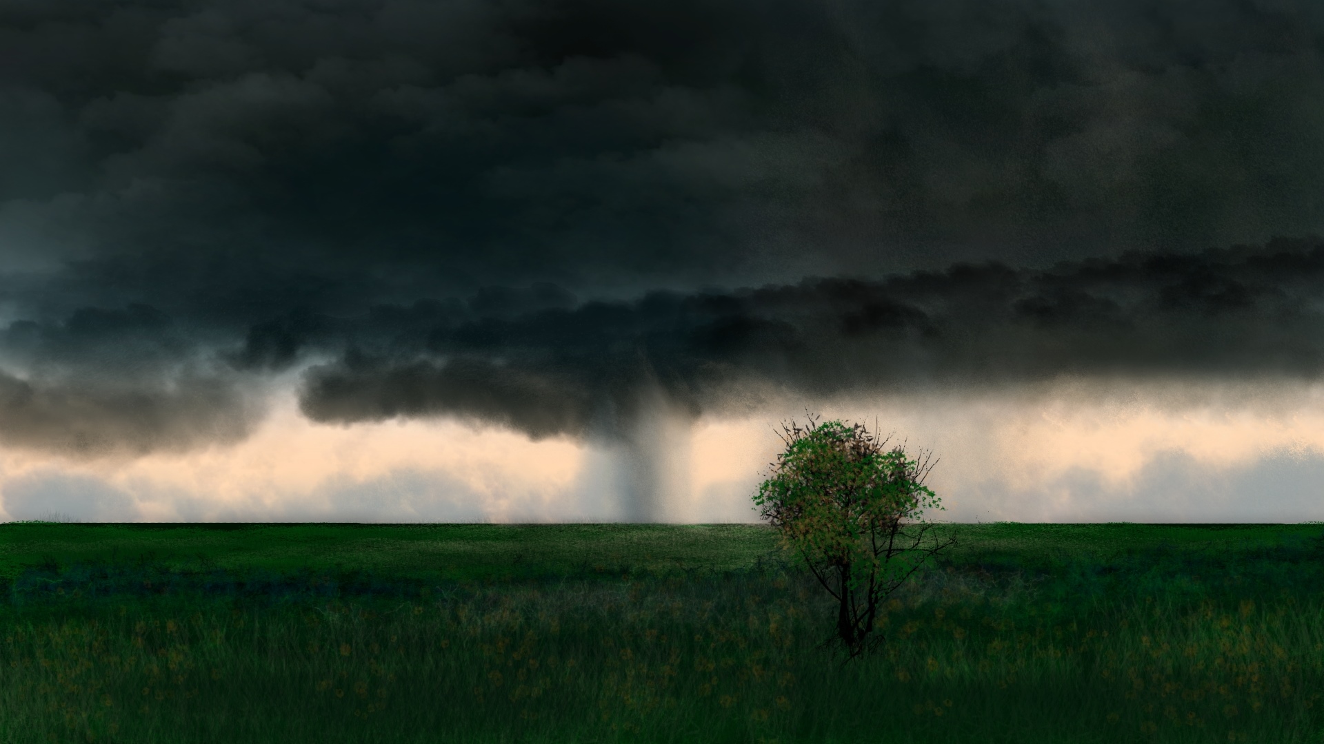 Digital painting of a stormy sky over a grassy field HD Wallpaper