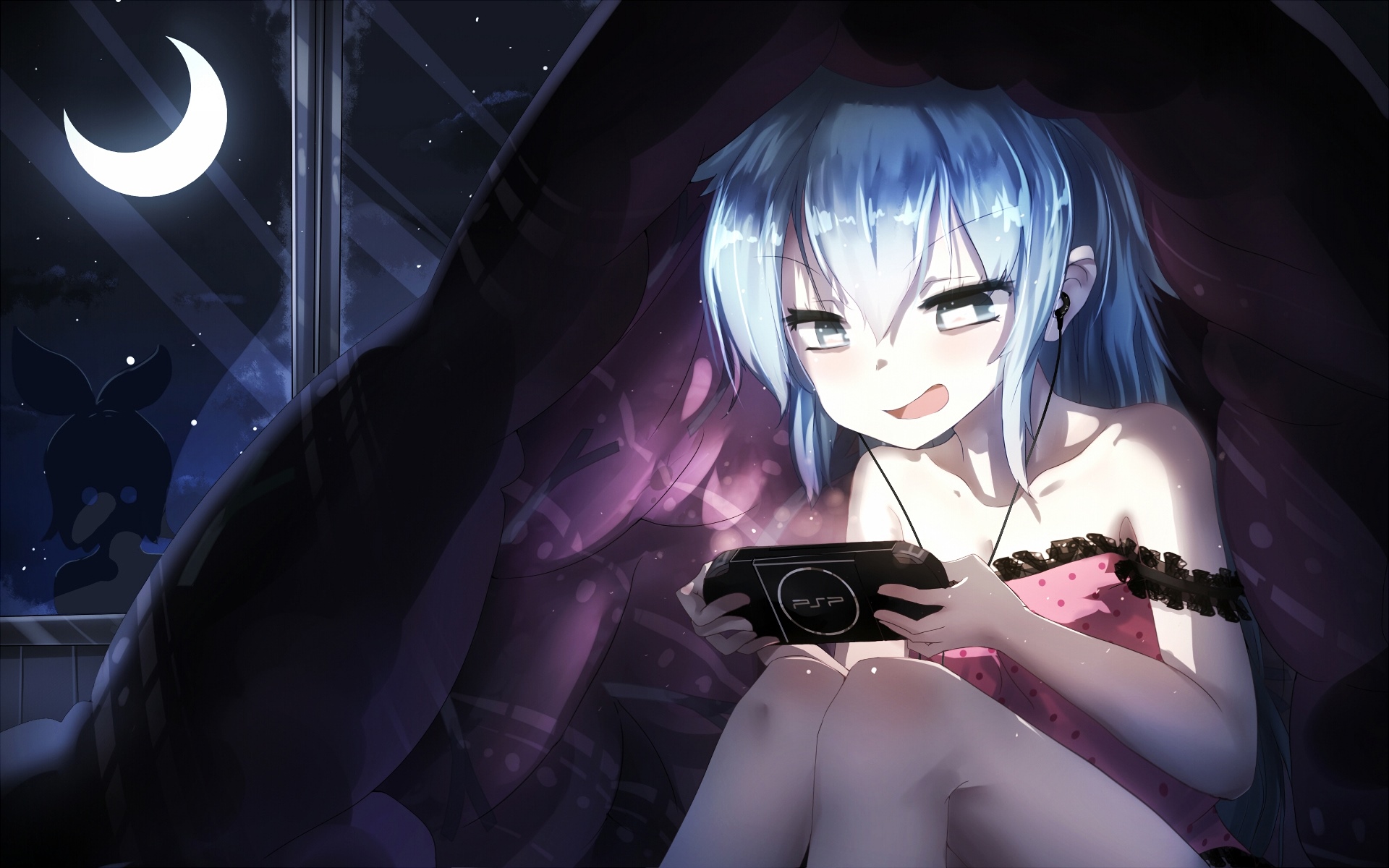 Bai Yemeng playing PSP under the moonlight HD Wallpaper