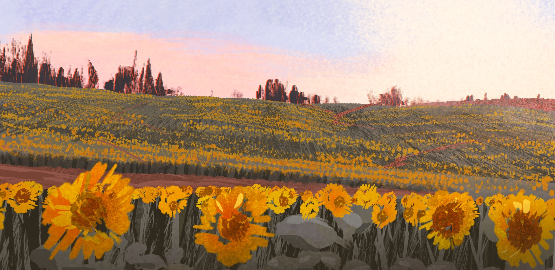 Artwork of a sunflower field at sunset HD Wallpaper