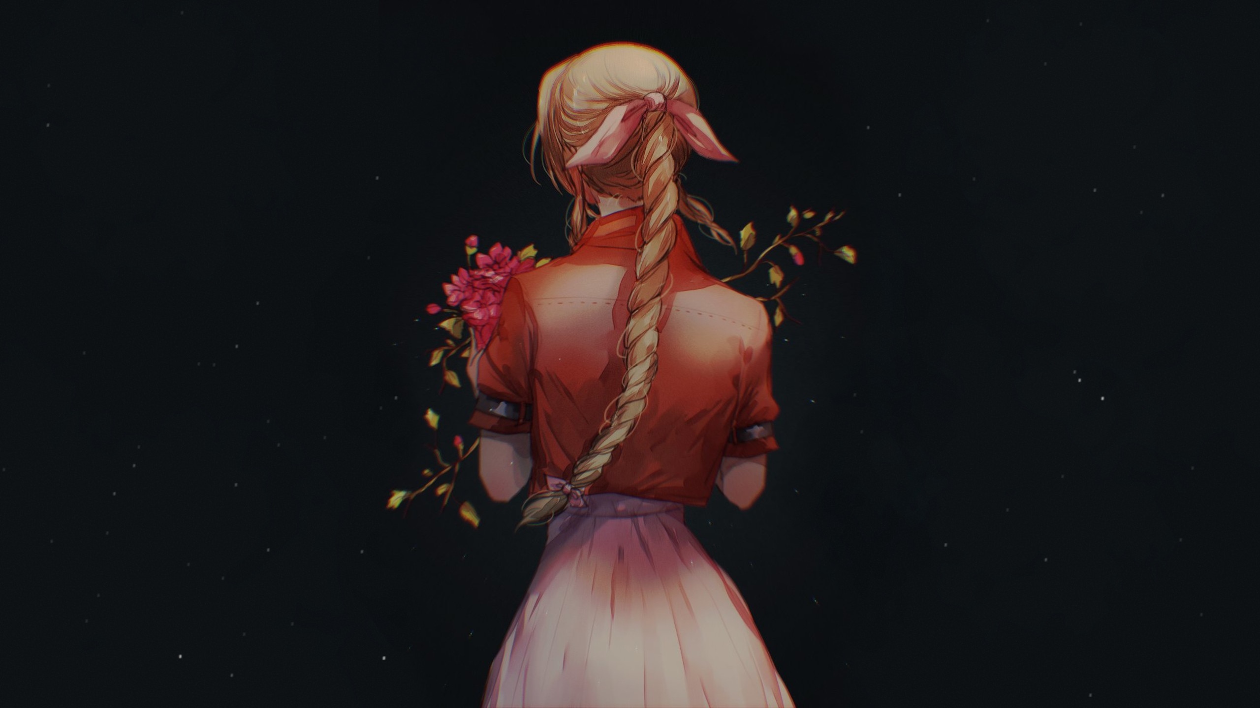 Aerith Gainsborough from Final Fantasy holding flowers HD Wallpaper