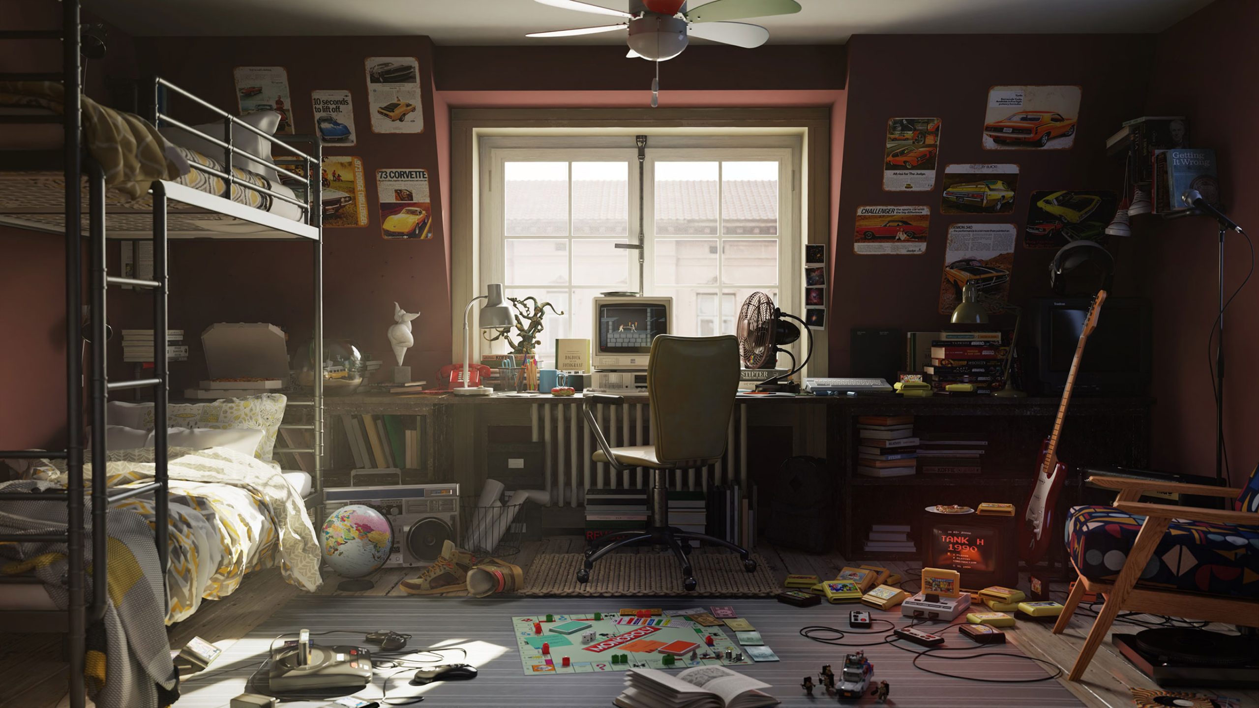 Retro 90s bedroom with bunk bed and gaming consoles HD Wallpaper