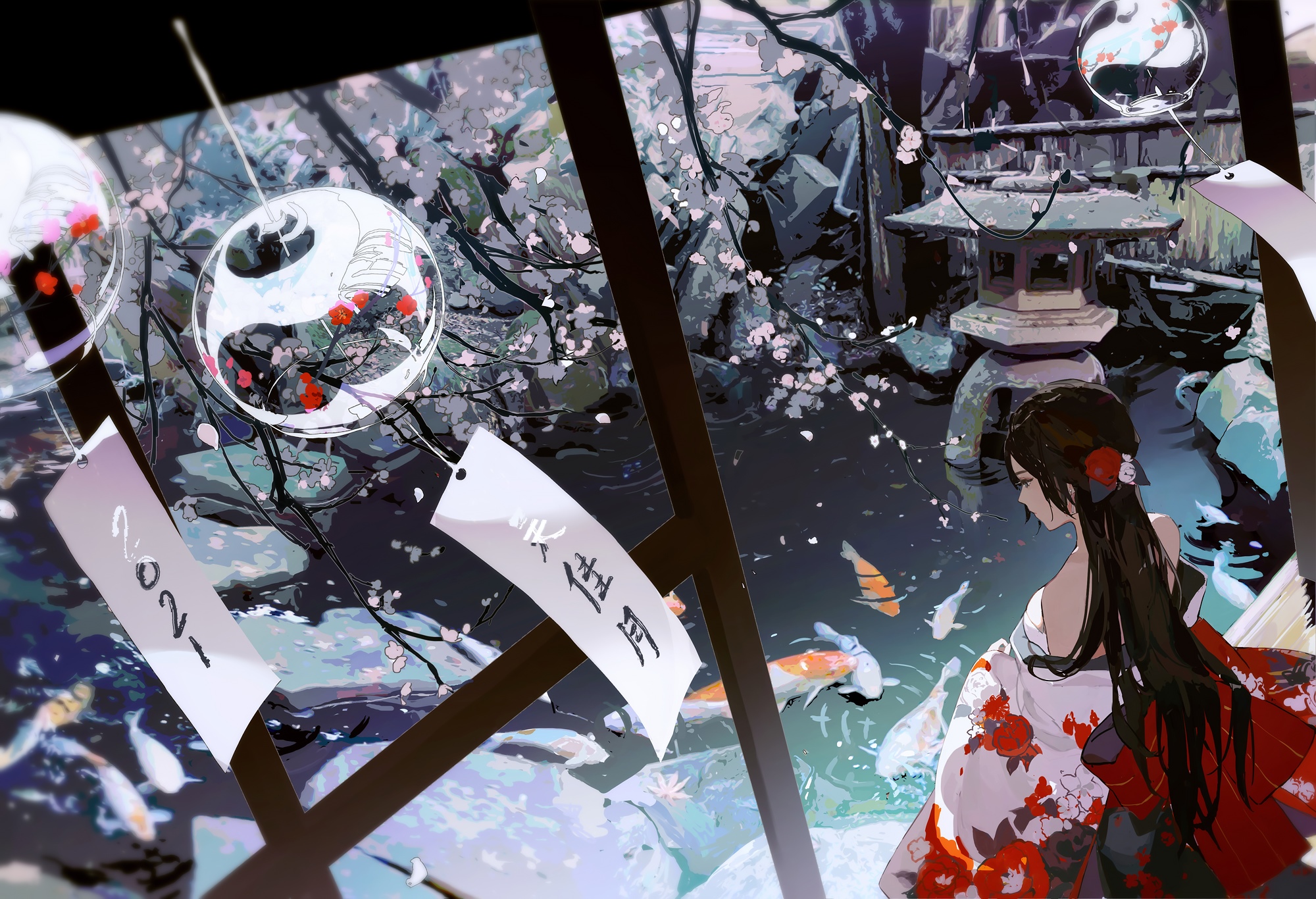 Anime girl in kimono by koi pond with wind chimes HD Wallpaper