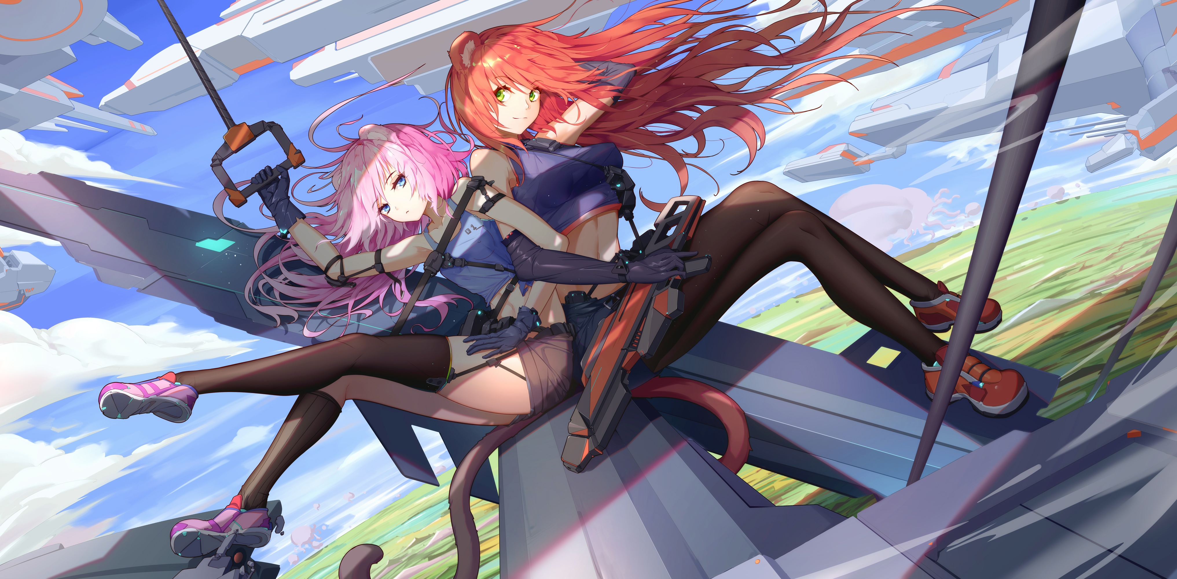 4K anime girls with pink and red hair on a futuristic vehicle HD Wallpaper